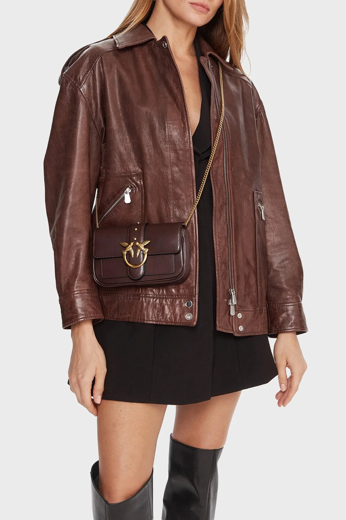 Pinko Logolu Hakiki Deri Zincir Askılı Bayan Çanta 100061 A0F1 L86Q BORDO - 2