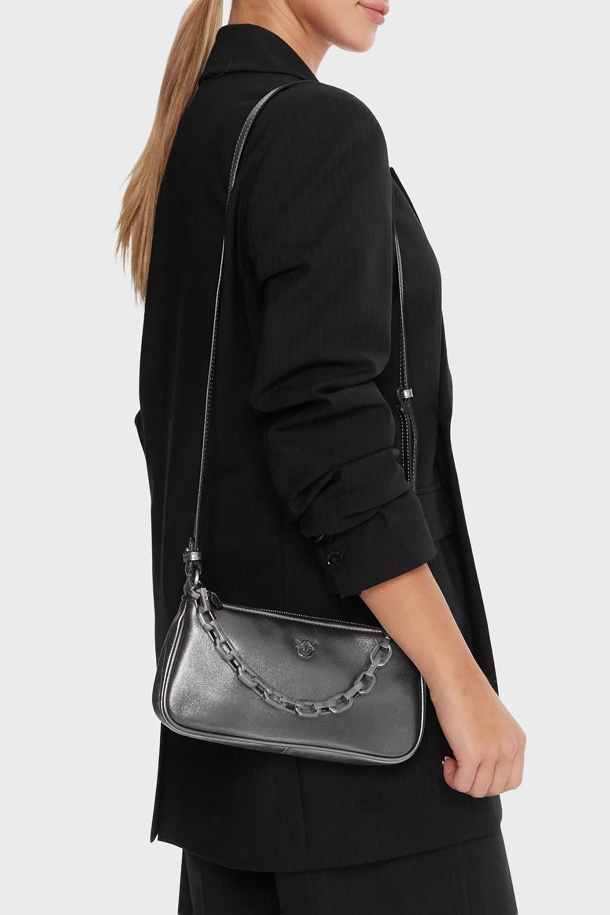 Pinko Logolu Hakiki Deri Zincir Askılı Bayan Çanta 105069 A2O9 KZ7E GÜMÜŞ - 2