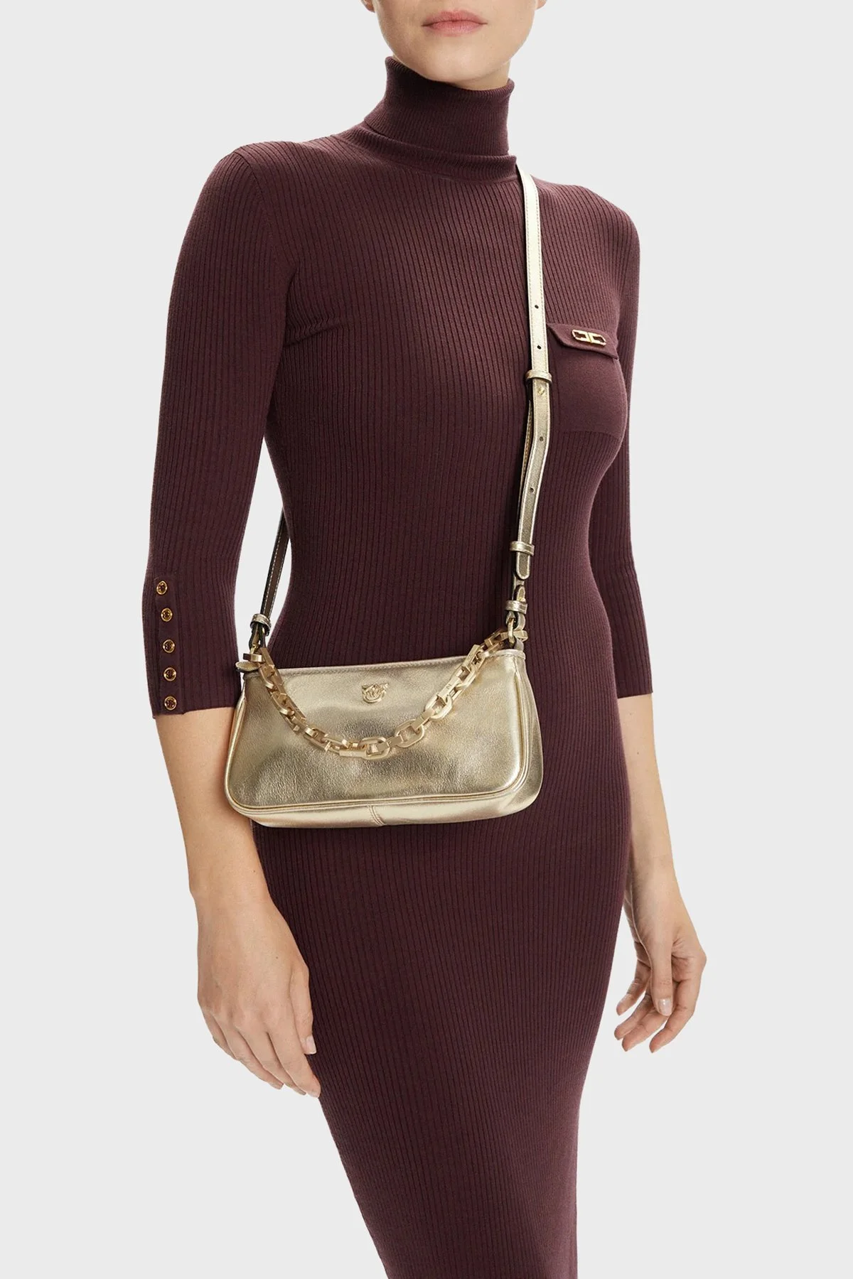 Pinko Logolu Hakiki Deri Zincir Askılı Bayan Çanta 105069 A2O9 ZZLV GOLD - 2