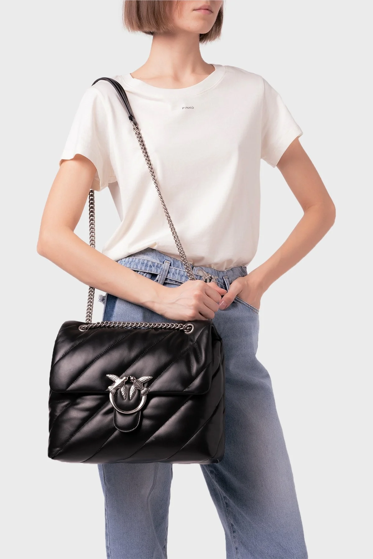 Pinko Logolu Zincir Askılı % 100 Deri Bayan Çanta 1P22JB Y7SR Z99O SİYAH - 2