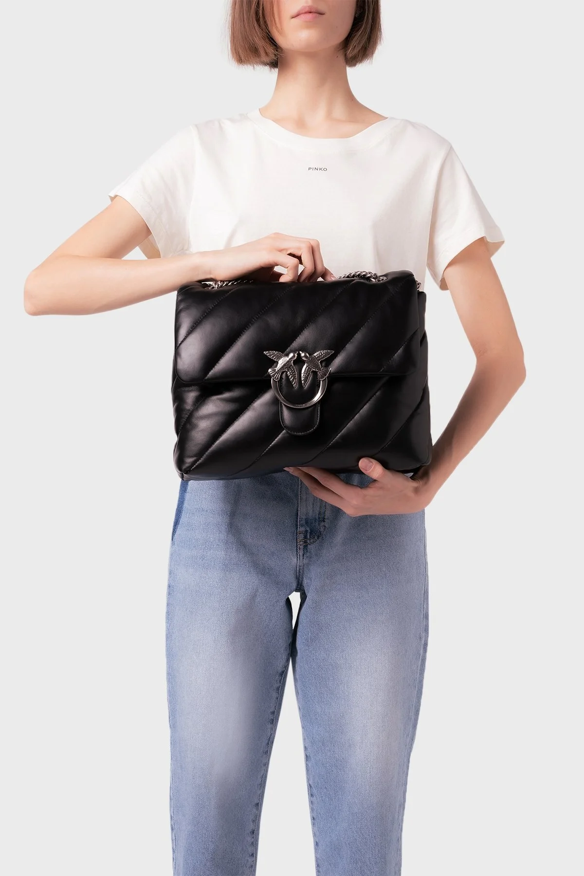 Pinko Logolu Zincir Askılı % 100 Deri Bayan Çanta 1P22JB Y7SR Z99O SİYAH - 3