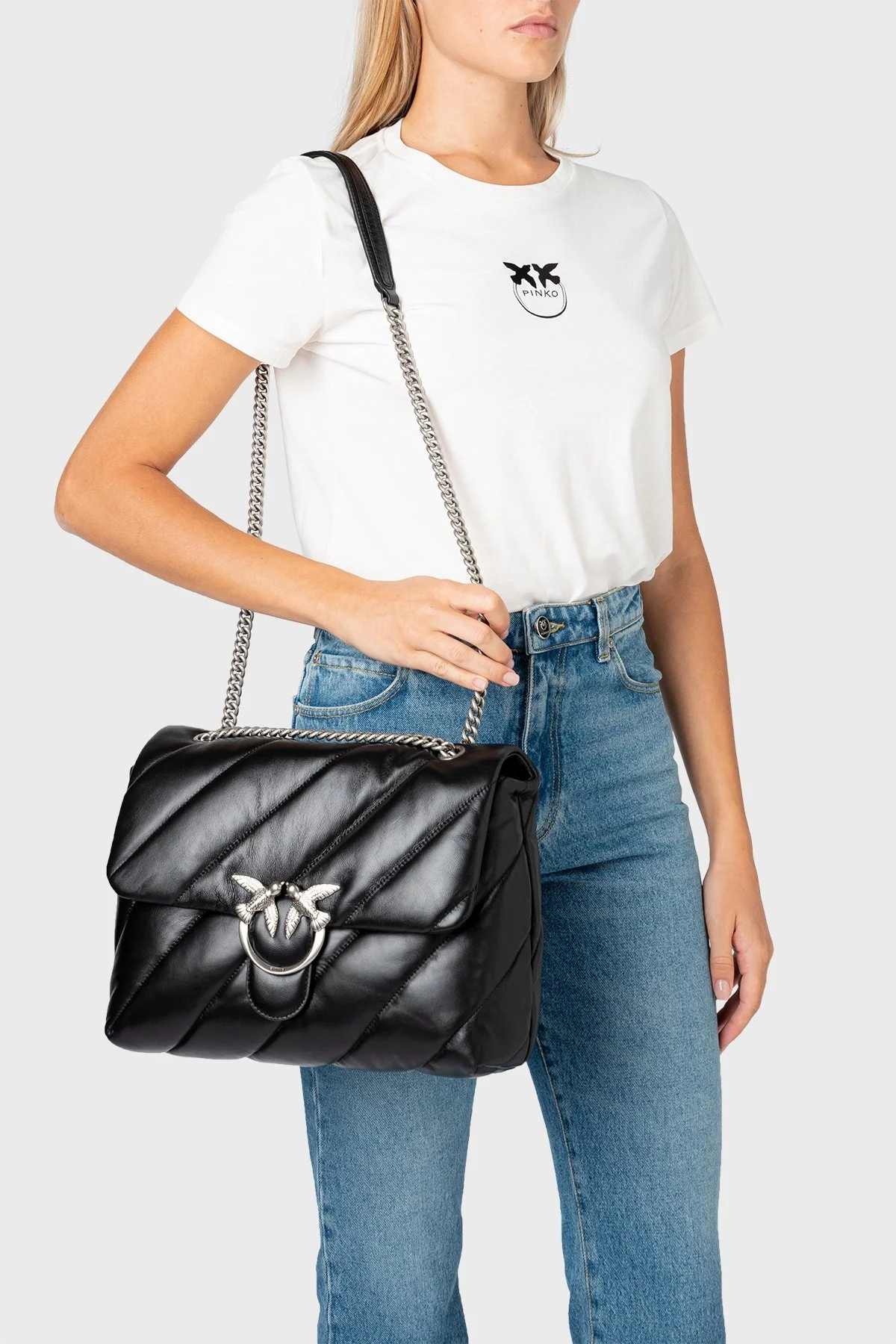 Pinko Logolu Zincir Askılı % 100 Deri Bayan Çanta 1P22U6 A03J Z99O SİYAH - 2