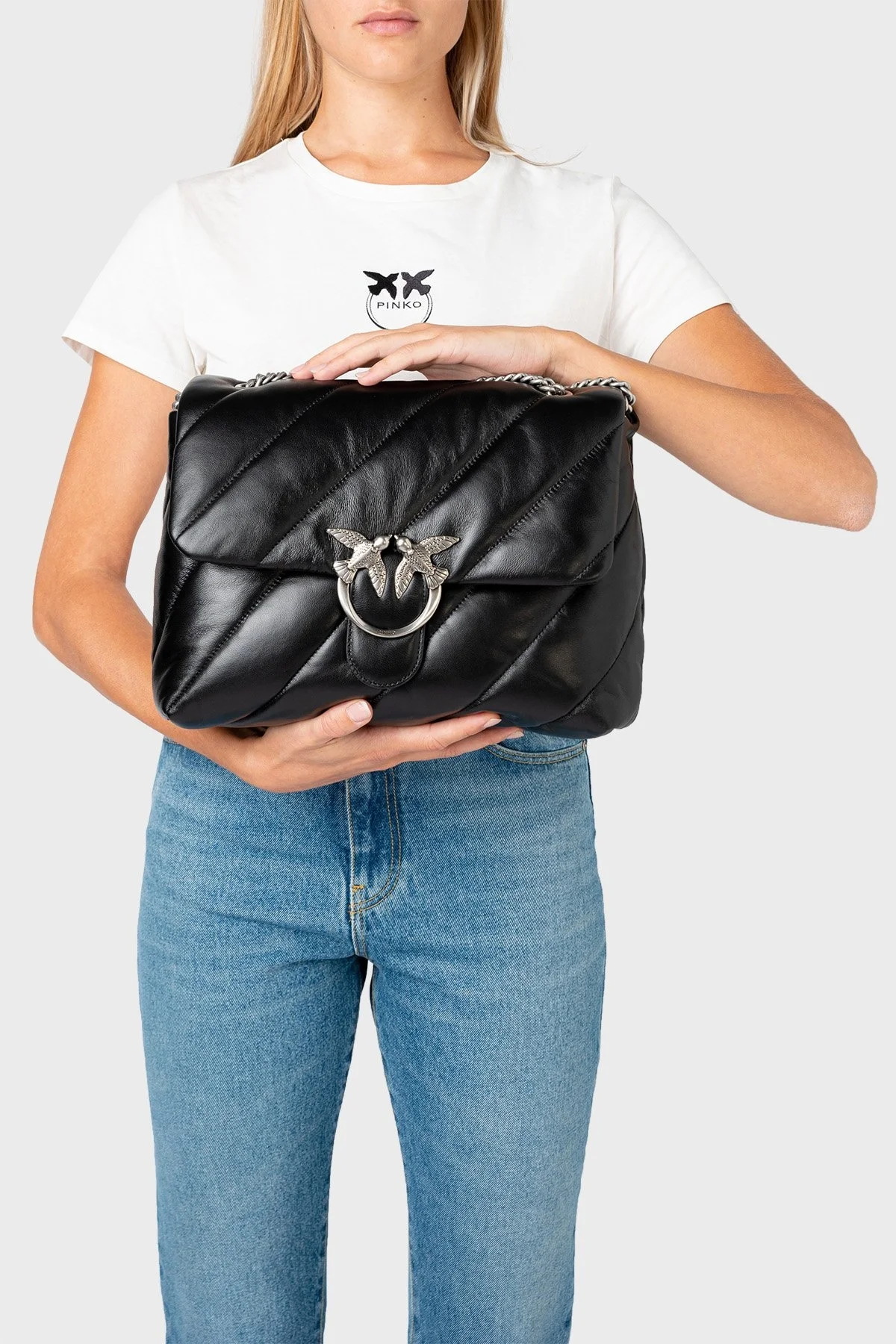 Pinko Logolu Zincir Askılı % 100 Deri Bayan Çanta 1P22U6 A03J Z99O SİYAH - 3