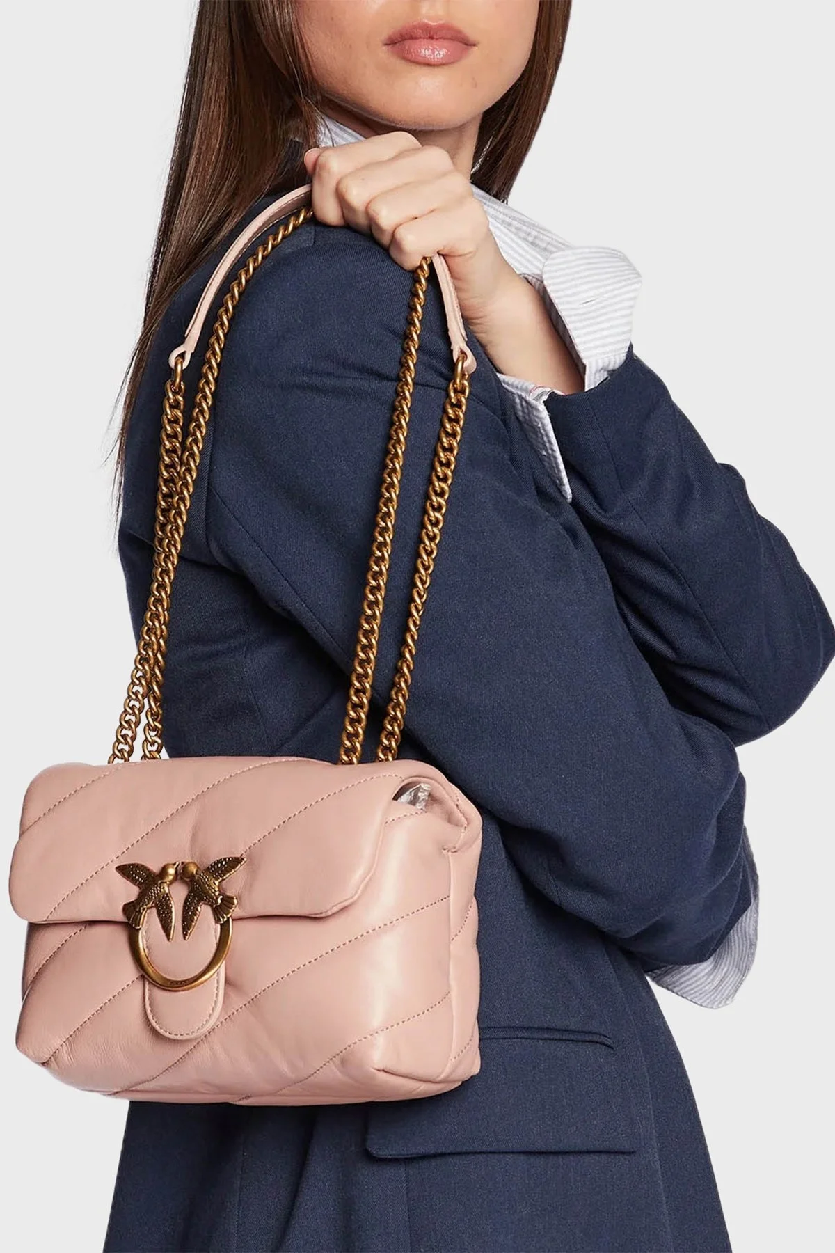 Pinko Logolu Zincir Askılı % 100 Deri Bayan Çanta 1P22U9 A03J 081Q PEMBE - 2