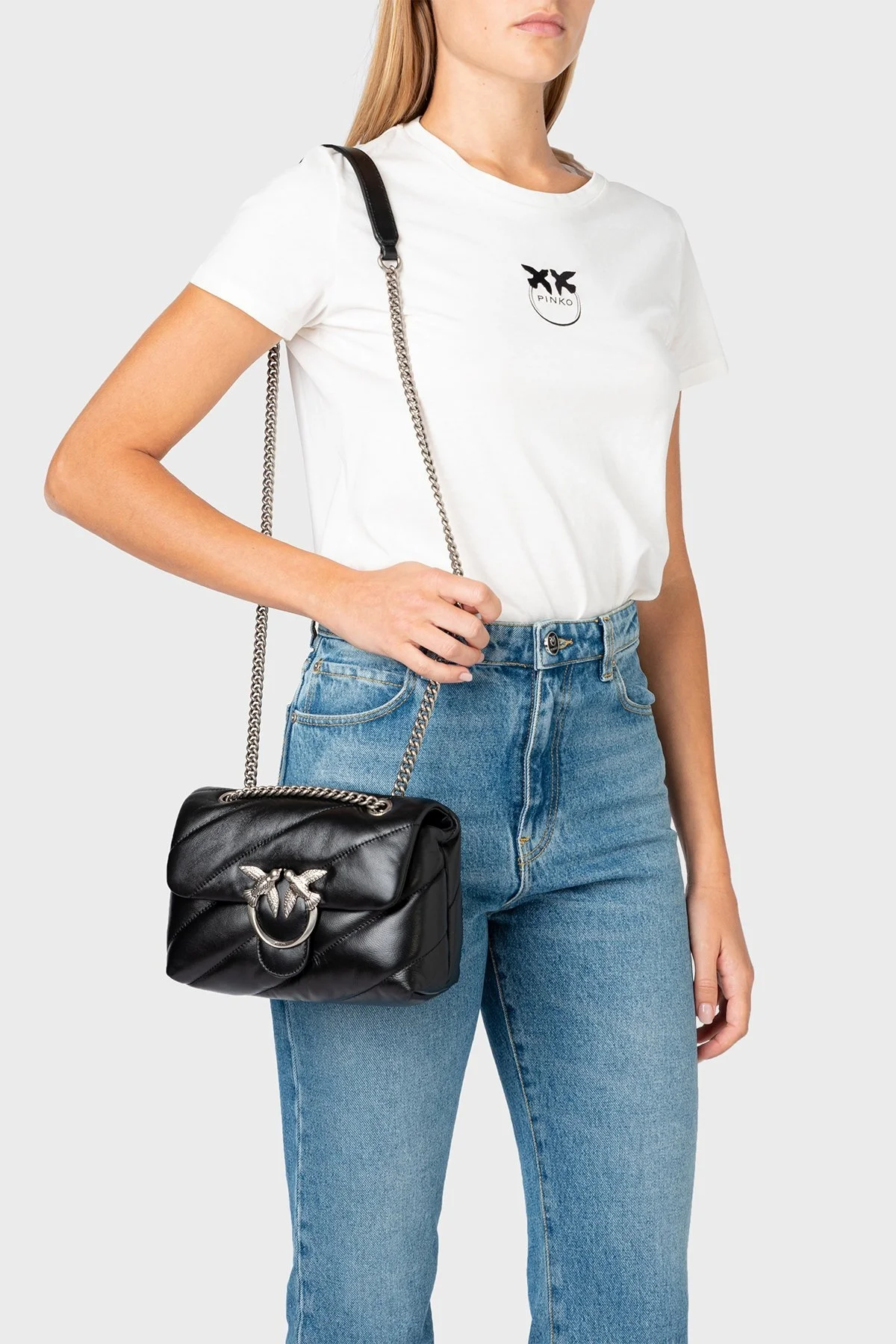 Pinko Logolu Zincir Askılı % 100 Deri Bayan Çanta 1P22U9 A03J Z99O SİYAH - 2