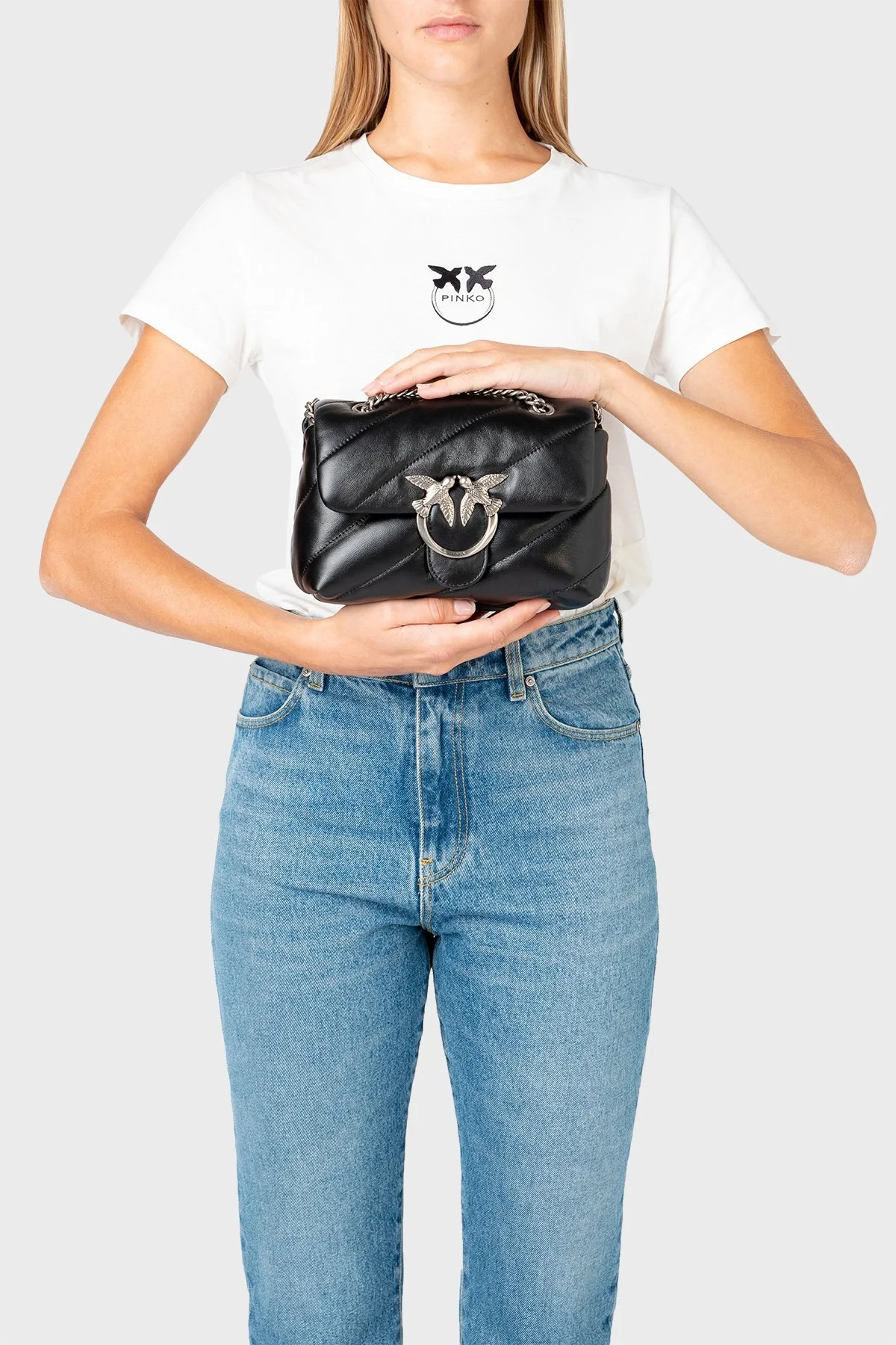 Pinko Logolu Zincir Askılı % 100 Deri Bayan Çanta 1P22U9 A03J Z99O SİYAH - 3