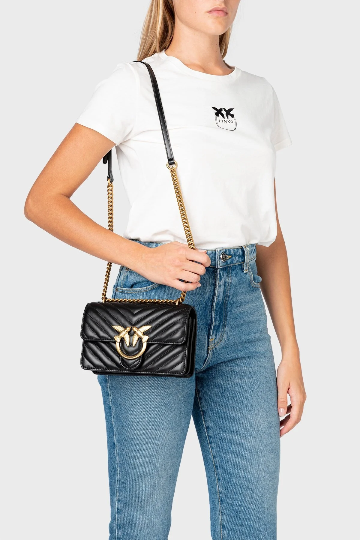 Pinko Logolu Zincir Askılı % 100 Deri Bayan Çanta 1P22UL A03Z Z99Q SİYAH - 2