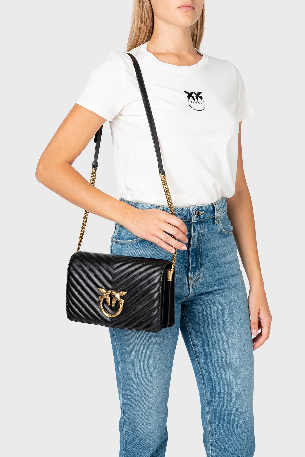 Pinko Logolu Zincir Askılı % 100 Deri Bayan Çanta 1P22UQ A03Z Z99Q SİYAH - 2