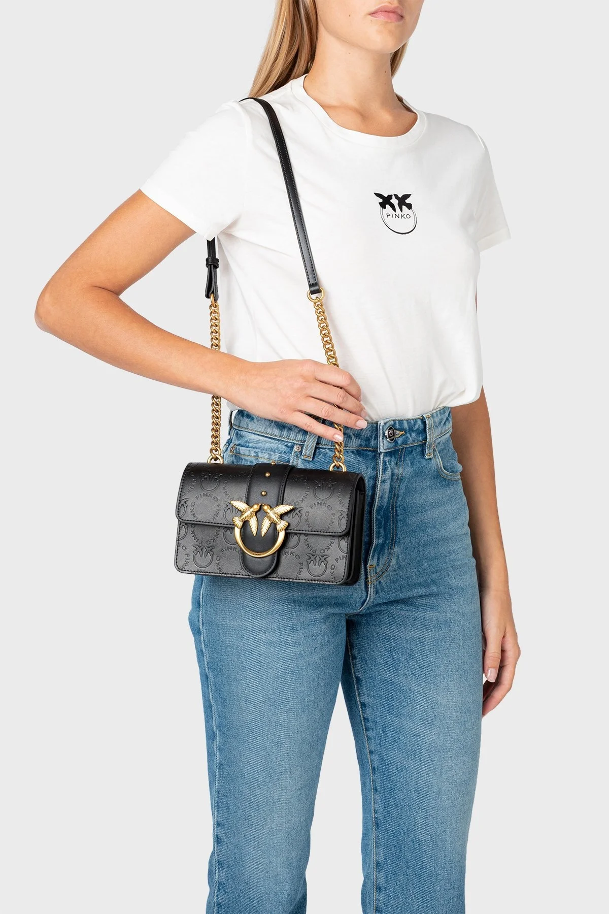 Pinko Logolu Zincir Askılı % 100 Deri Bayan Çanta 1P22VM A042 Z99Q SİYAH - 2