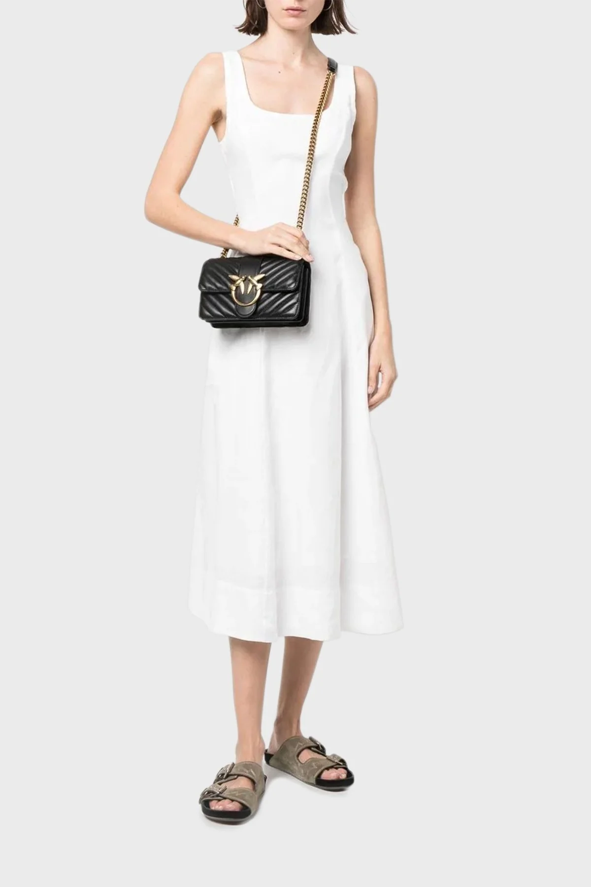 Pinko Logolu Zincir Askılı Deri Kapitone Bayan Çanta 100059 A0GK Z99Q SİYAH - 2