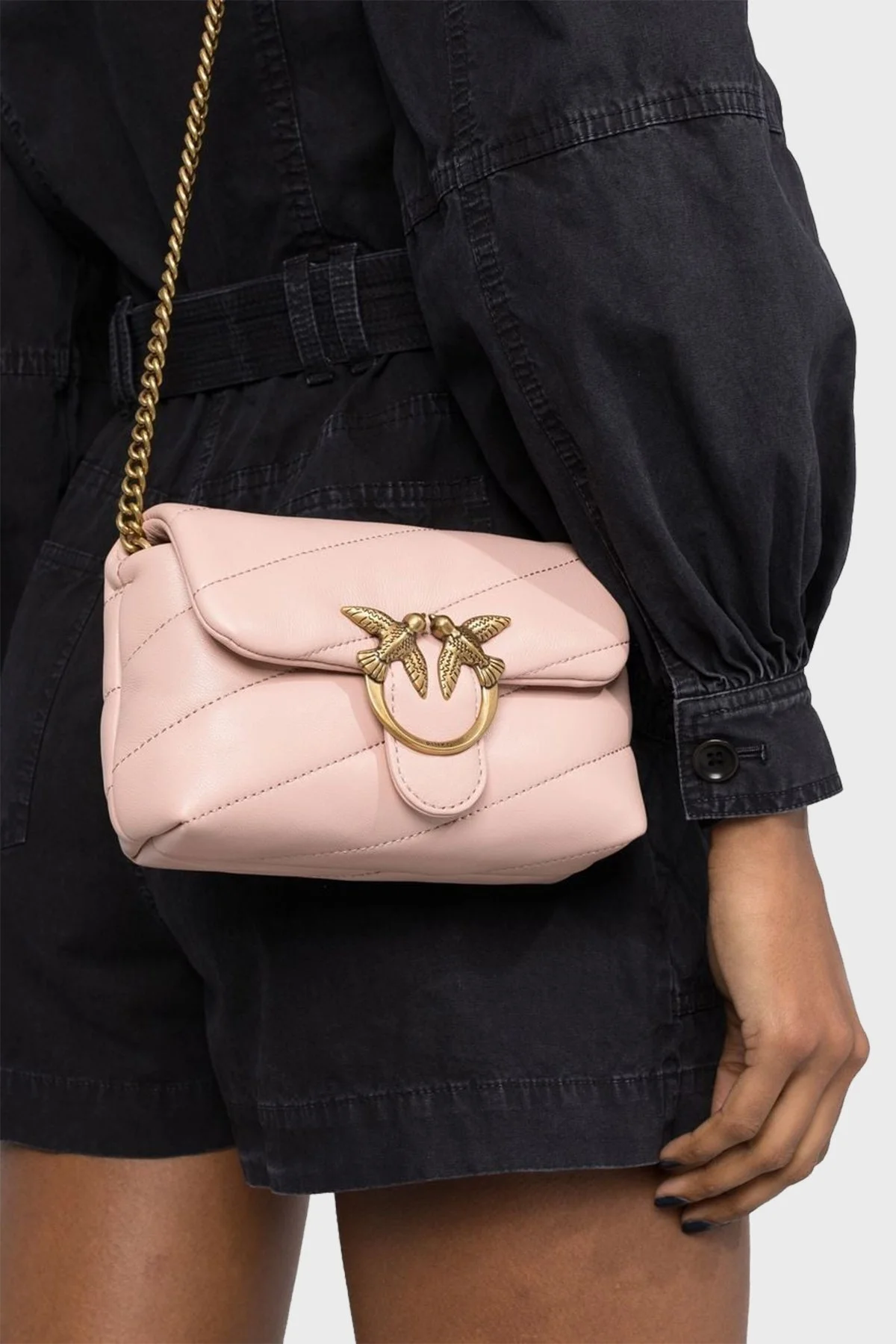 Pinko Logolu Zincir Askılı Doğal Deri Bayan Çanta 100040 A0F2 O81Q PUDRA - 2