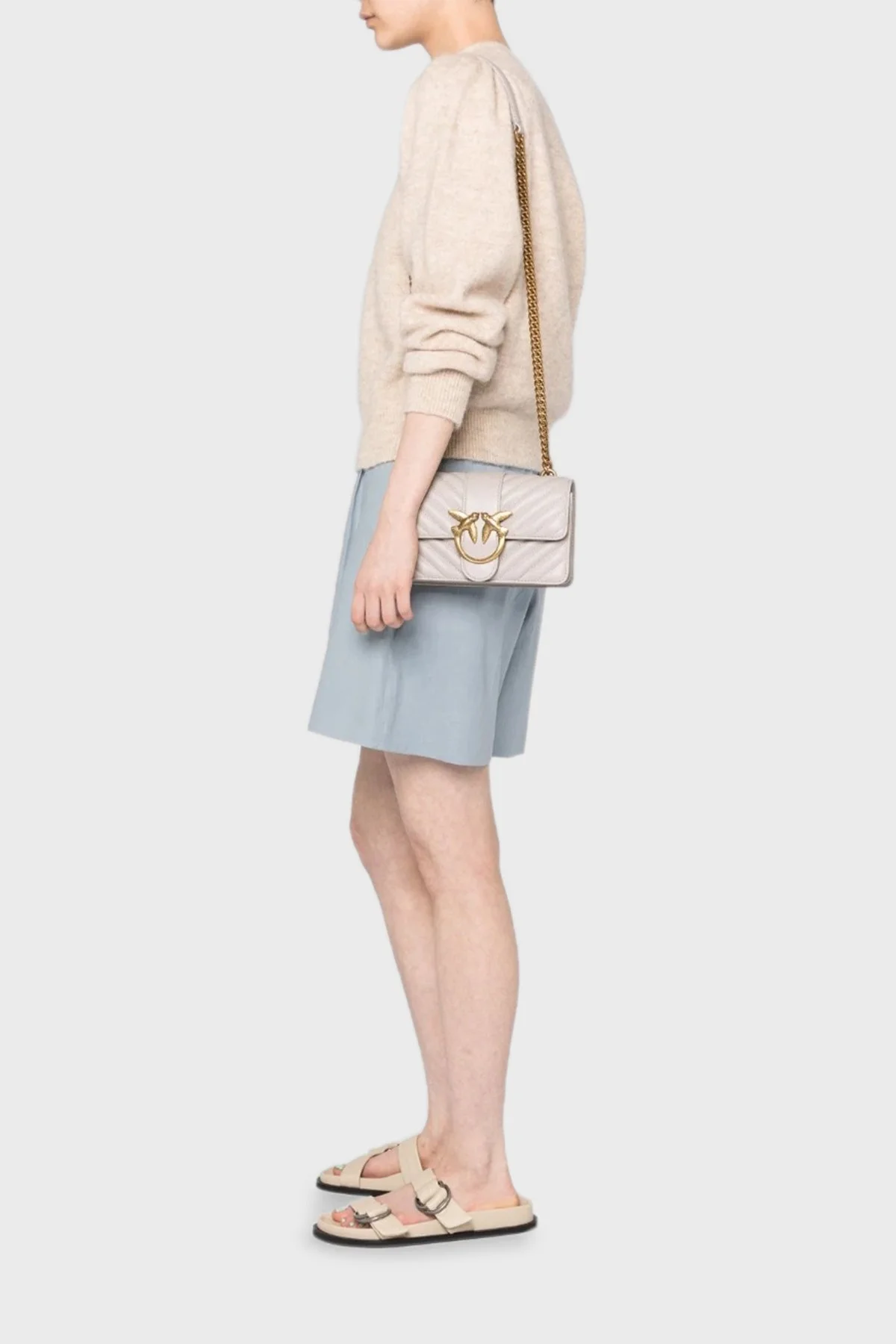 Pinko Logolu Zincir Askılı Hakiki Deri Kapitone Bayan Çanta 100059 A0GK I30Q VİZON - 2