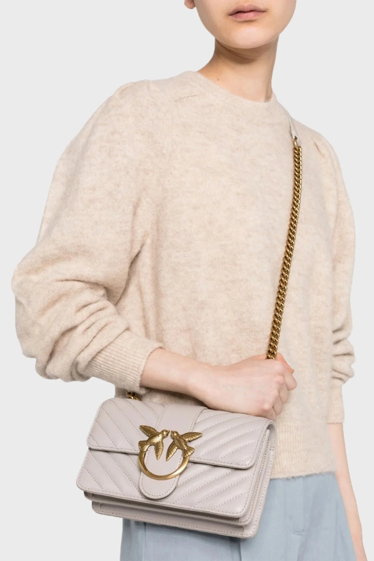 Pinko Logolu Zincir Askılı Hakiki Deri Kapitone Bayan Çanta 100059 A0GK I30Q VİZON - 3