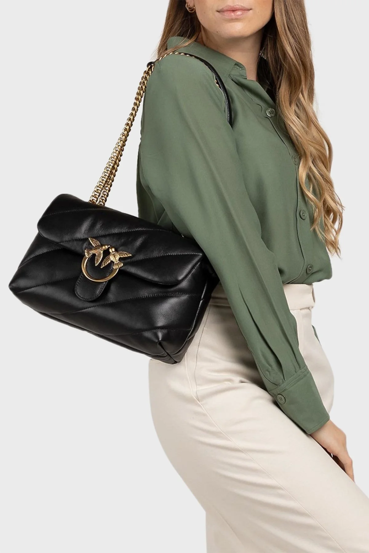 Pinko Metal Logolu Hakiki Deri Zincir Askılı Bayan Çanta 100038 A0F2 Z99Q SİYAH - 2