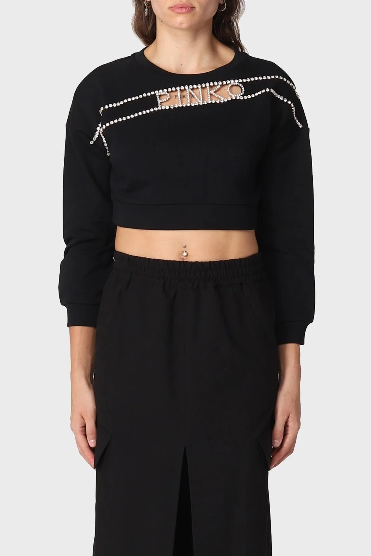 Pinko Pamuklu Elmas Logo İşlemeli Regular Fit Uzun Kollu Crop Bayan Sweat 101608 A12I Z99 SİYAH - 4