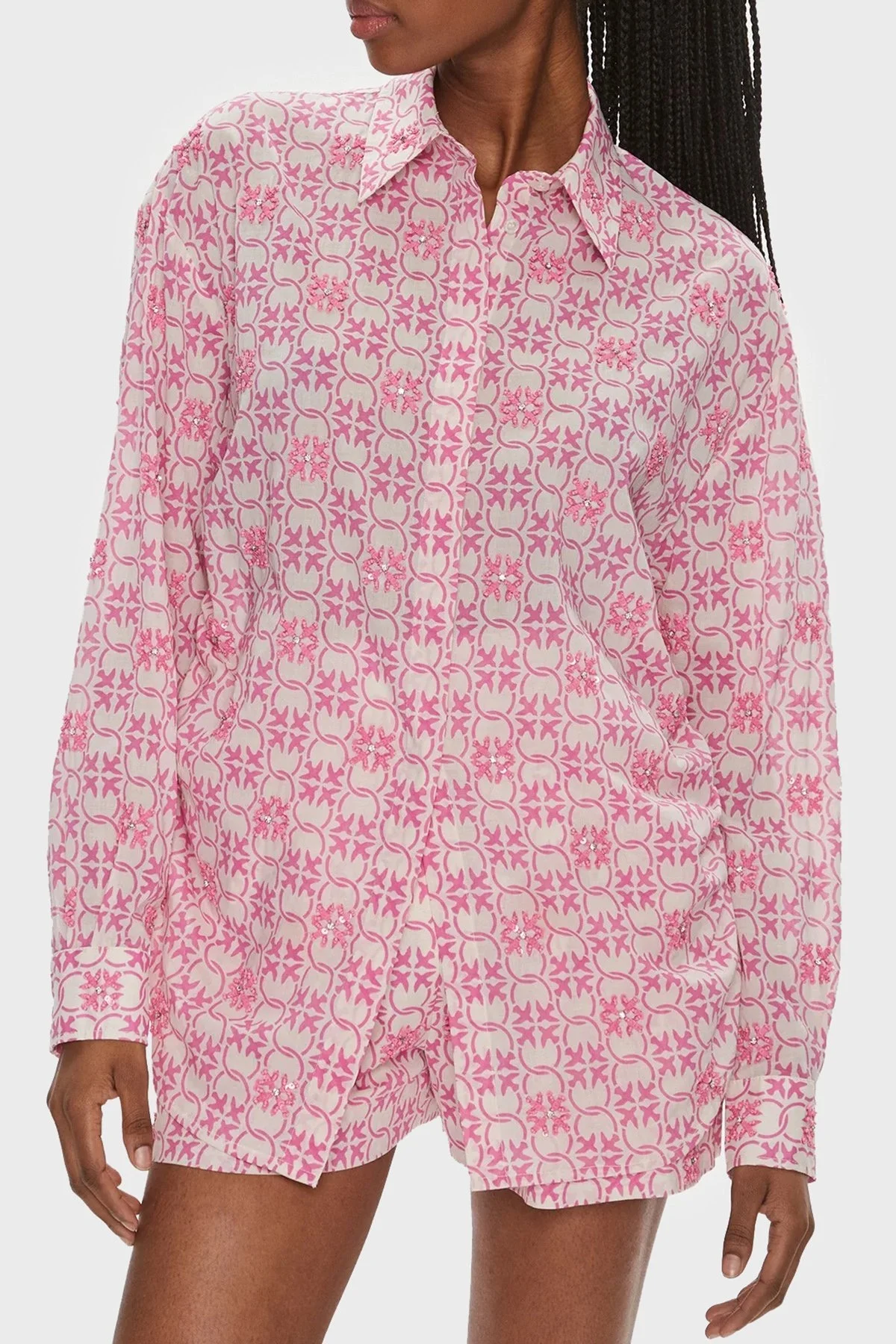 Pinko Pamuklu Regular Fit Müslin Bayan Gömlek 103194A1Q1DN3 Pembe-Ekru - 1