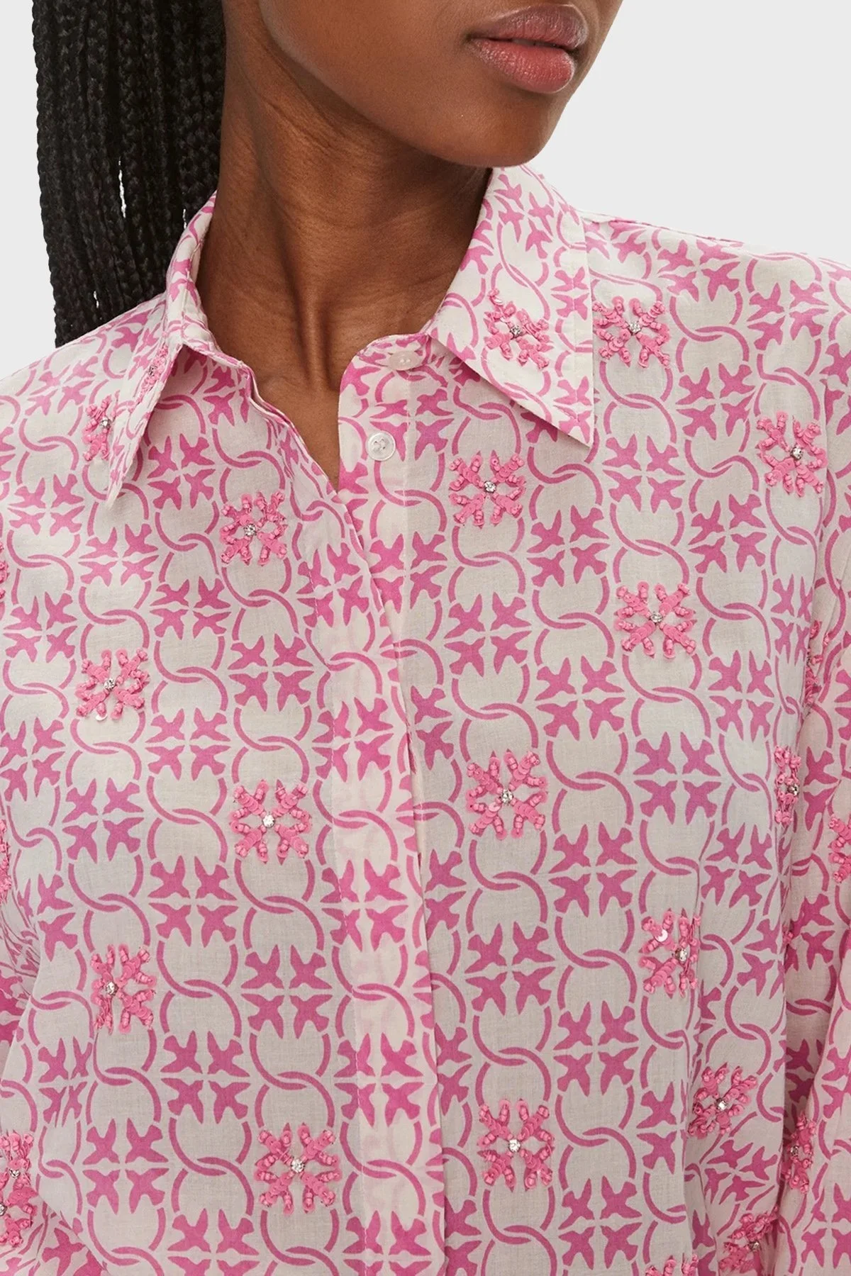 Pinko Pamuklu Regular Fit Müslin Bayan Gömlek 103194A1Q1DN3 Pembe-Ekru - 4