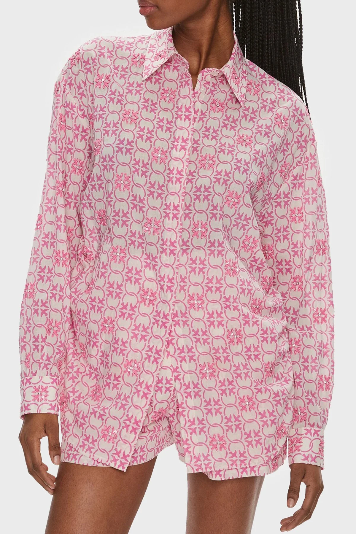 Pinko Pamuklu Regular Fit Müslin Bayan Gömlek 103194A1Q1DN3 Pembe-Ekru - 1