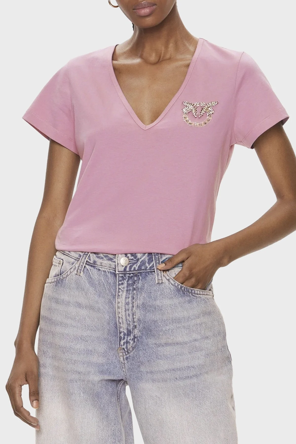 Pinko Pamuklu Regular Fit V Yaka Bayan T Shirt 100372A1R7N98 PEMBE - 1