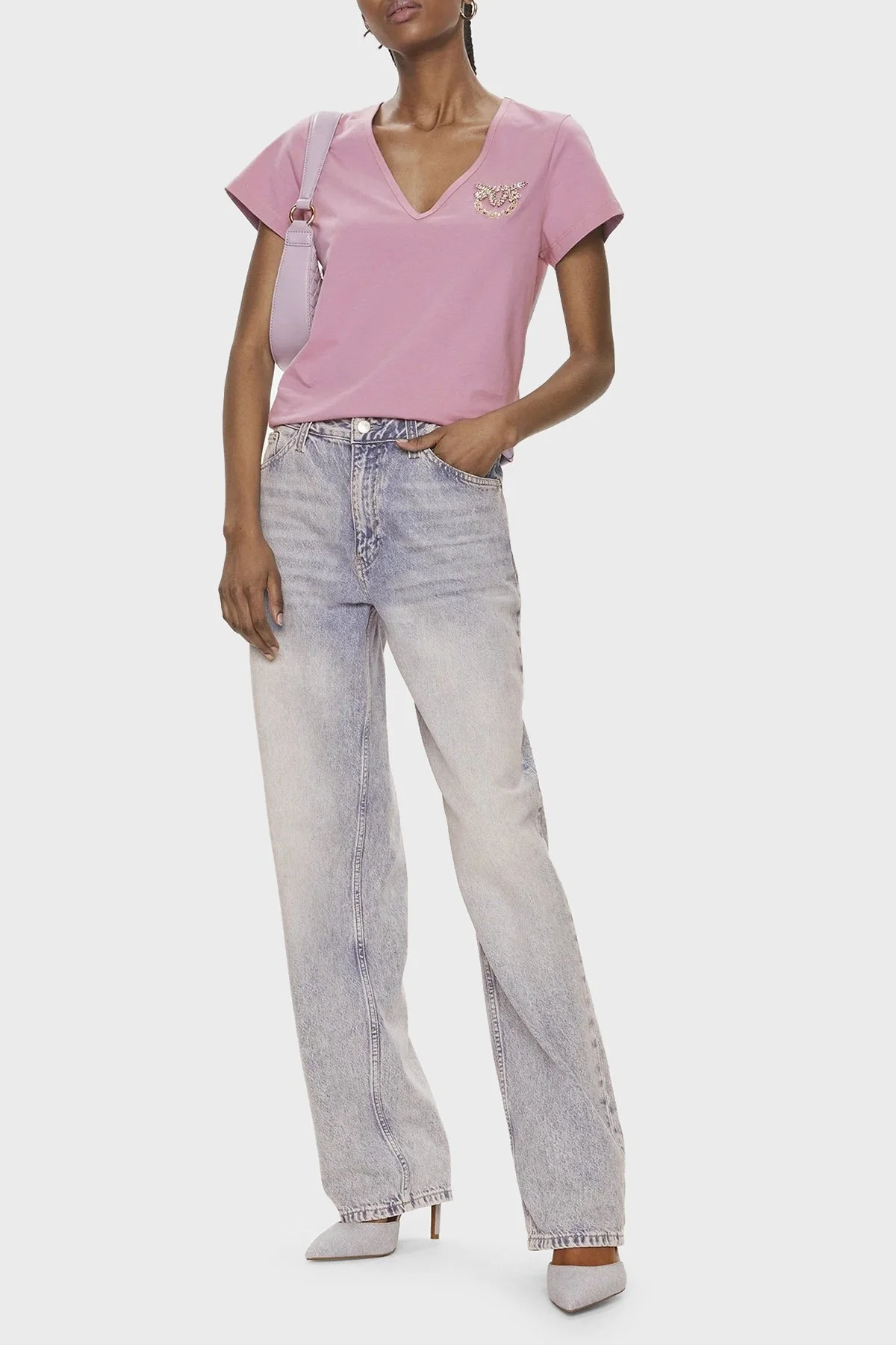 Pinko Pamuklu Regular Fit V Yaka Bayan T Shirt 100372A1R7N98 PEMBE - 2