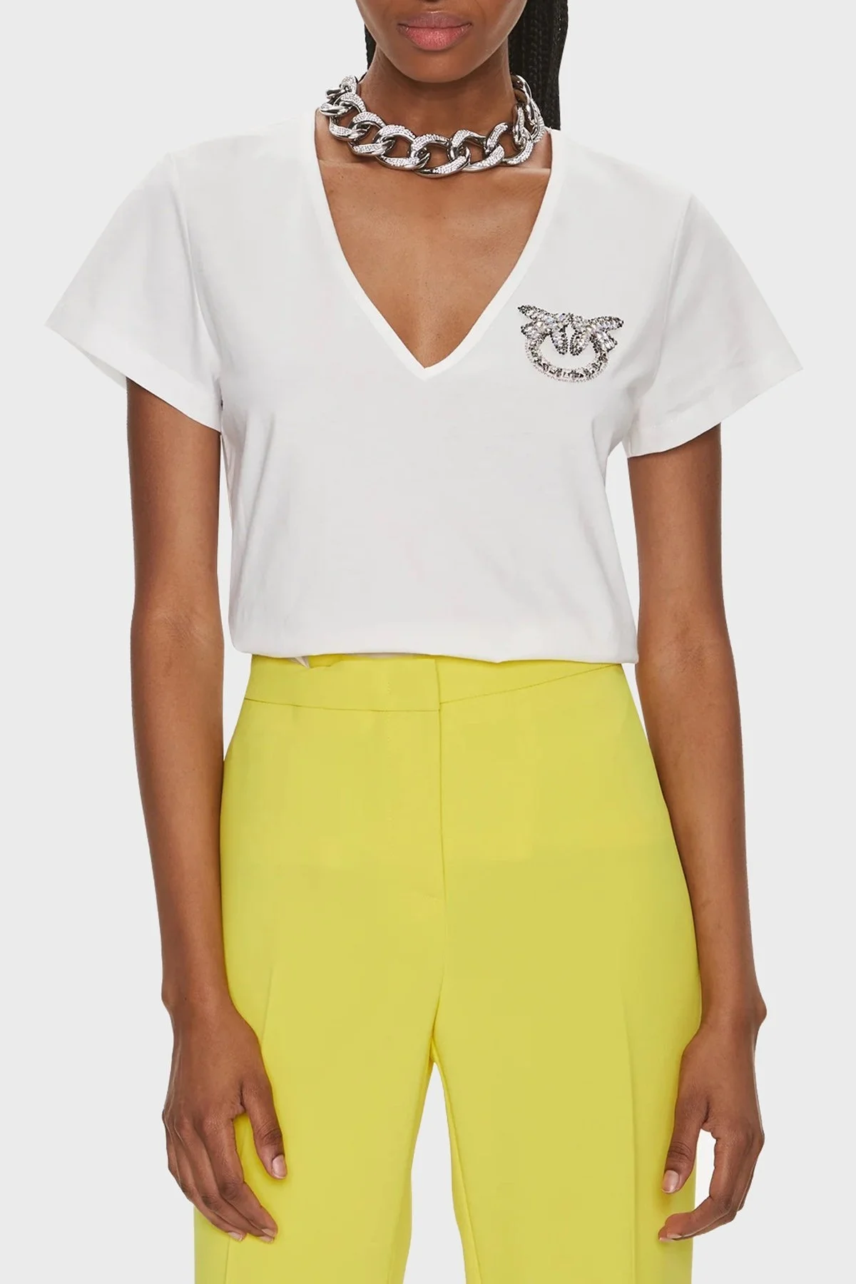 Pinko Pamuklu Regular Fit V Yaka Bayan T Shirt 100372A1R7Z15 BEYAZ - 5