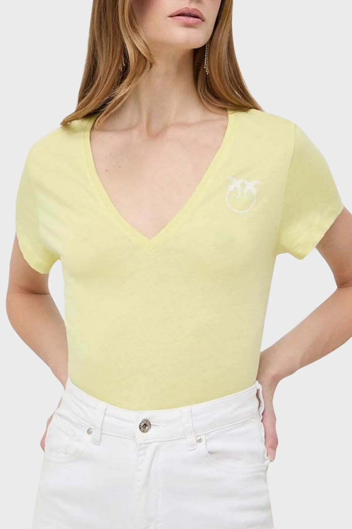 Pinko Pamuklu Regular Fit V Yaka Bayan T Shirt 102950A1N8H23 SARI - 6