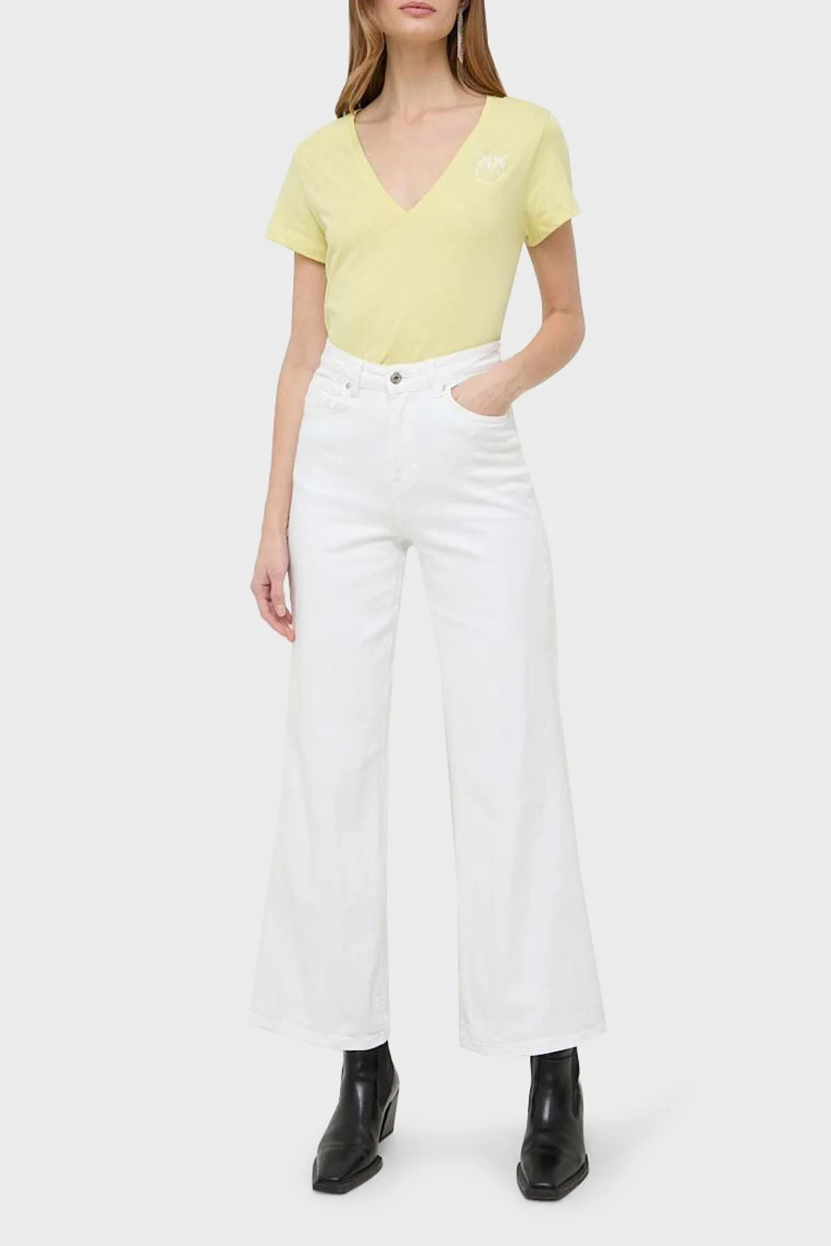 Pinko Pamuklu Regular Fit V Yaka Bayan T Shirt 102950A1N8H23 SARI - 7