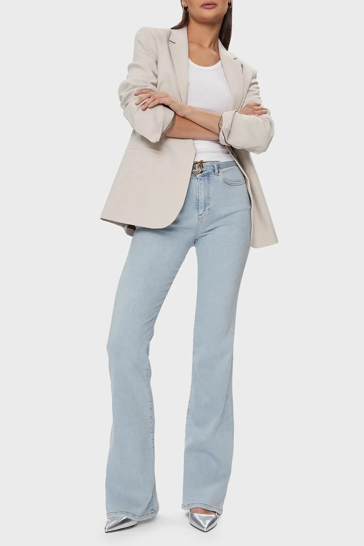 Pinko Pamuklu Slim Fit İspanyol Paça Kemerli Jeans Bayan Kot Pantolon 100166A1MQPJN Buz Mavisi - 1