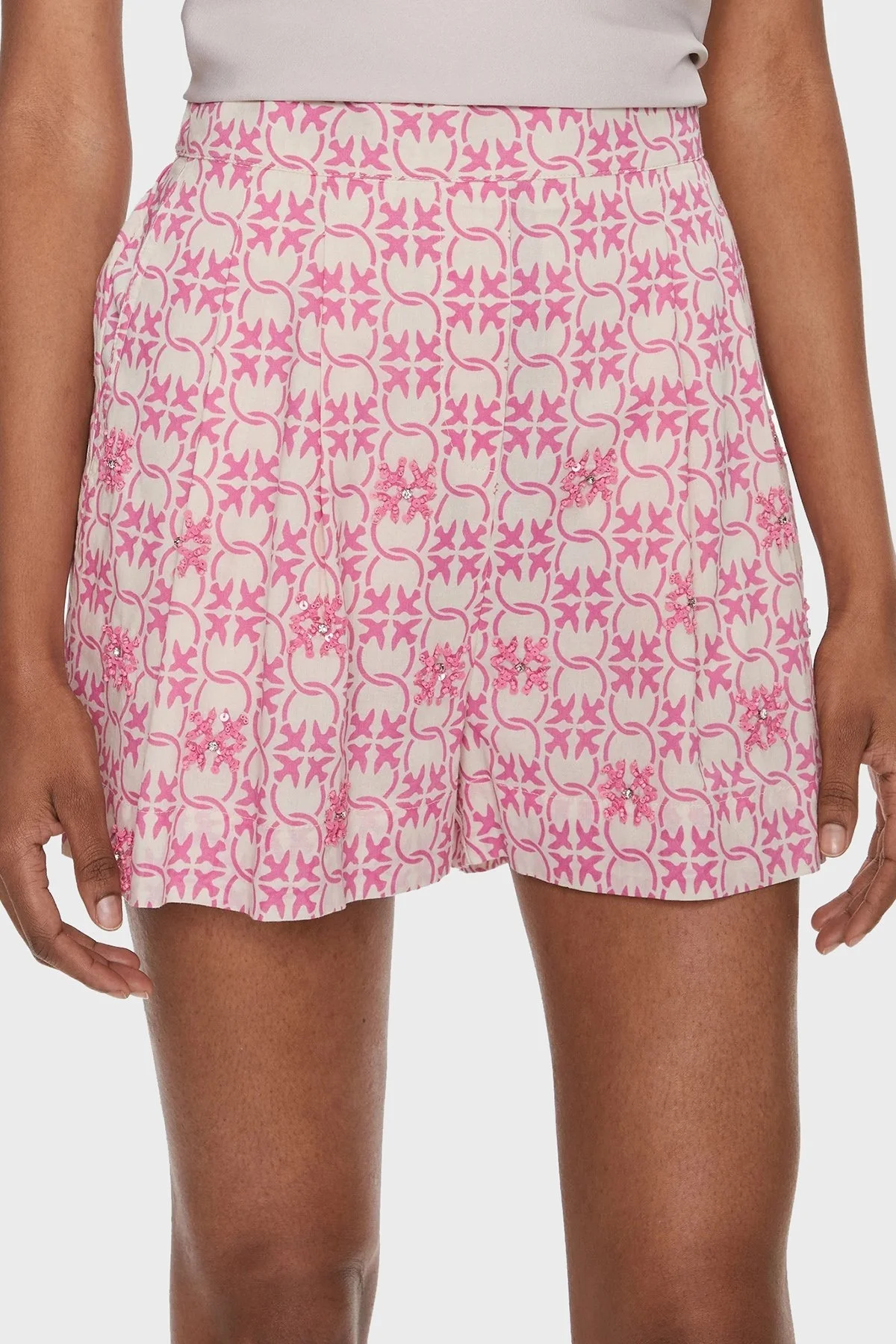 Pinko Pamuklu Yüksek Bel Regular Fit Müslin Bayan Short 103192A1Q1DN3 Pembe-Ekru - 2
