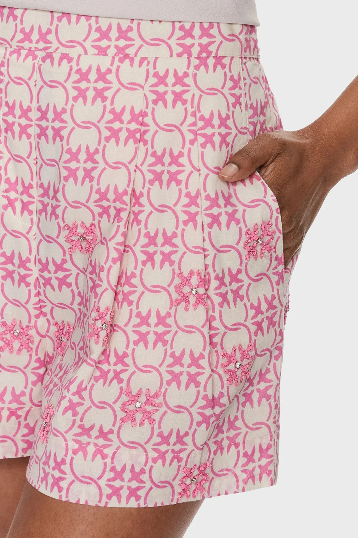 Pinko Pamuklu Yüksek Bel Regular Fit Müslin Kadın Short 103192A1Q1DN3 Pembe-Ekru - 5