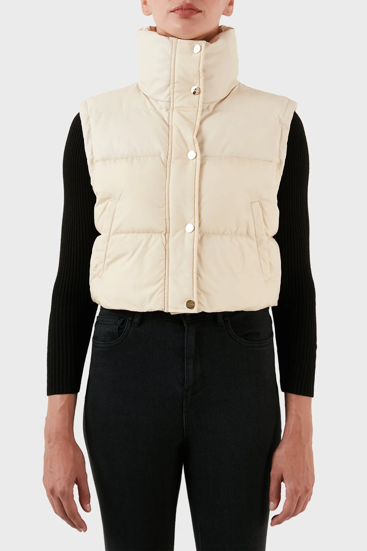 Pinko Regular Fit Dik Yaka Şişme Crop Kadın Yelek 101734 A11P C16 BEJ - 3