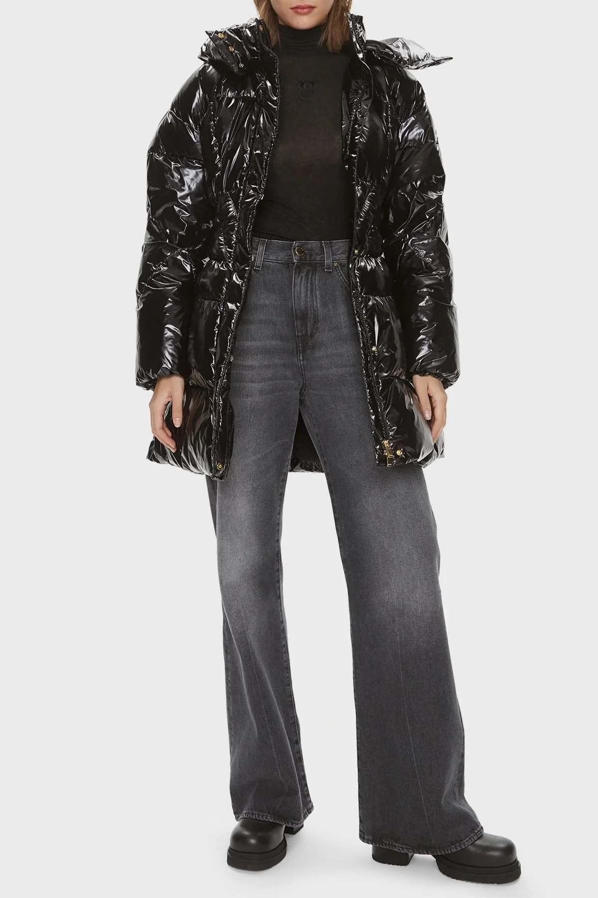 Pinko Regular Fit Kapüşonlu Parlak Şişme Bayan Mont 101595 A00N Z99 SİYAH - 2