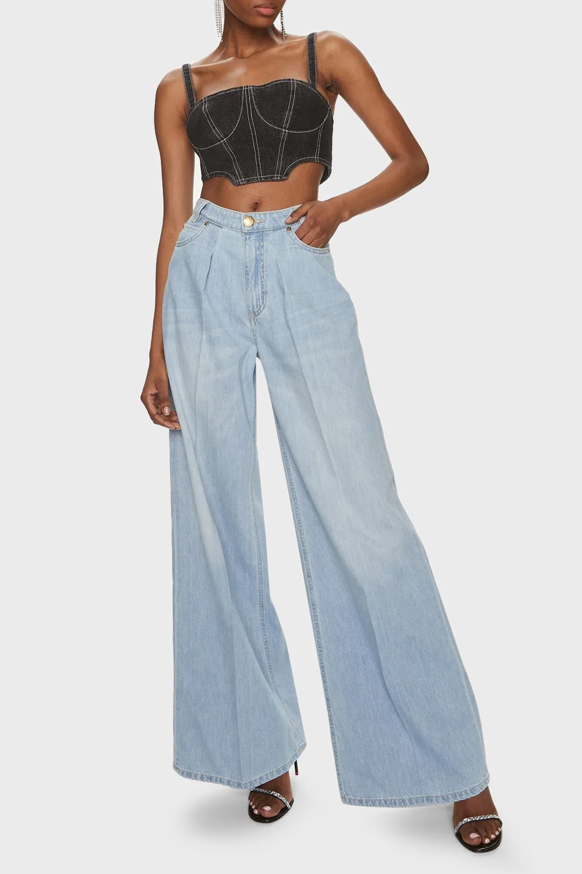 Pinko Relaxed Fit Yüksek Bel Wide Leg Kadın Kot Pantolon 102948A1MOPJN Buz mavisi - 1