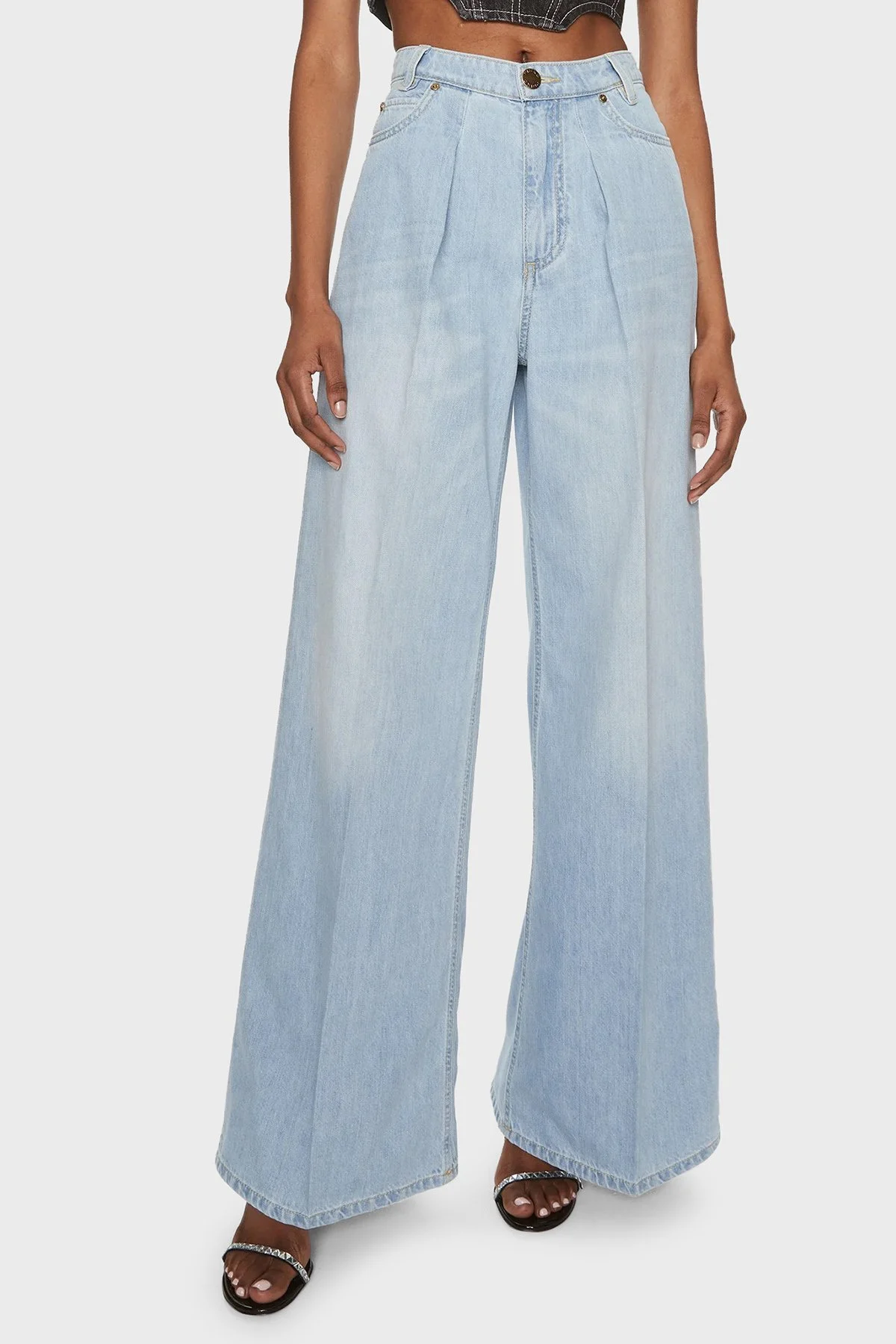 Pinko Relaxed Fit Yüksek Bel Wide Leg Kadın Kot Pantolon 102948A1MOPJN Buz mavisi - 2