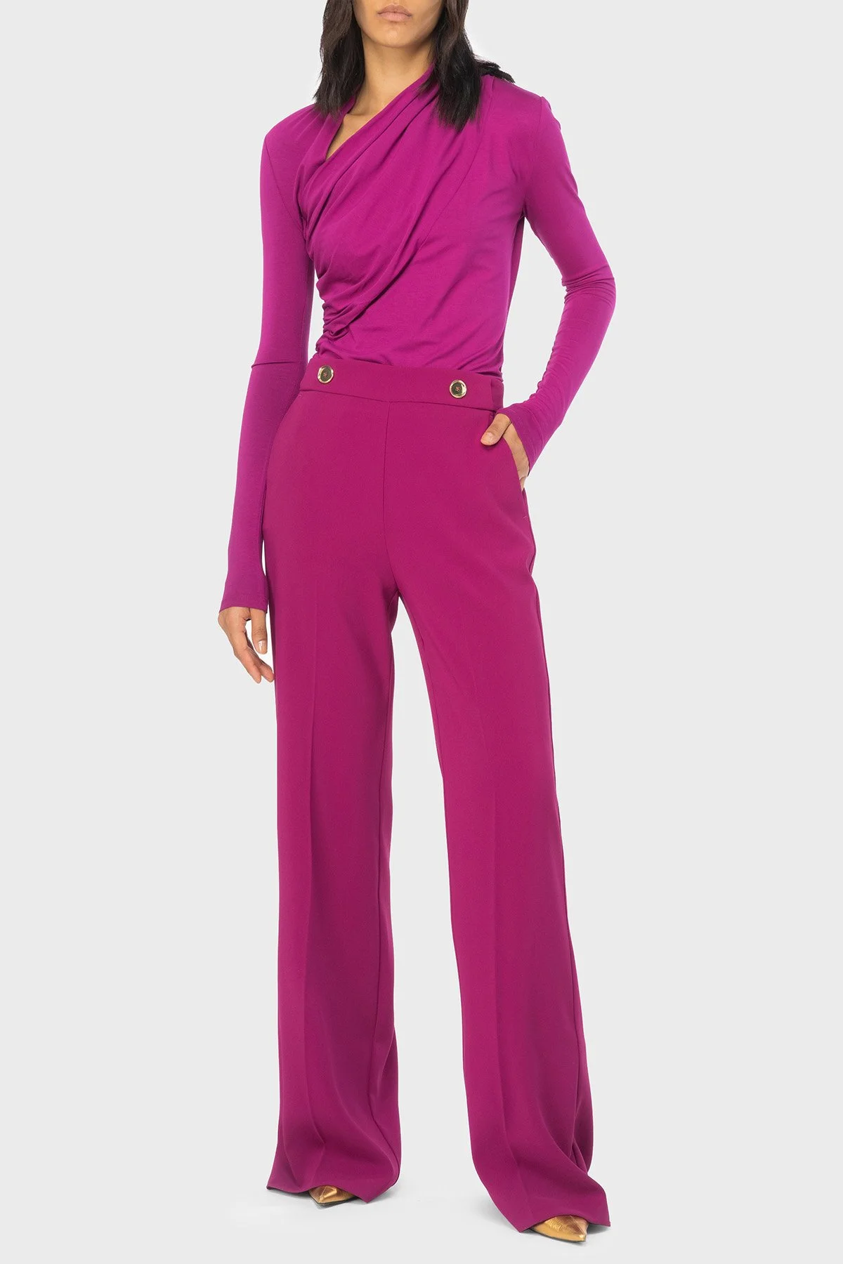 Pinko Slim Fit Fermuar ve Düğme Detaylı Yüksek Bel Bol Paça Kadın Pantolon 100055 A14I VIB Fuşya - 1