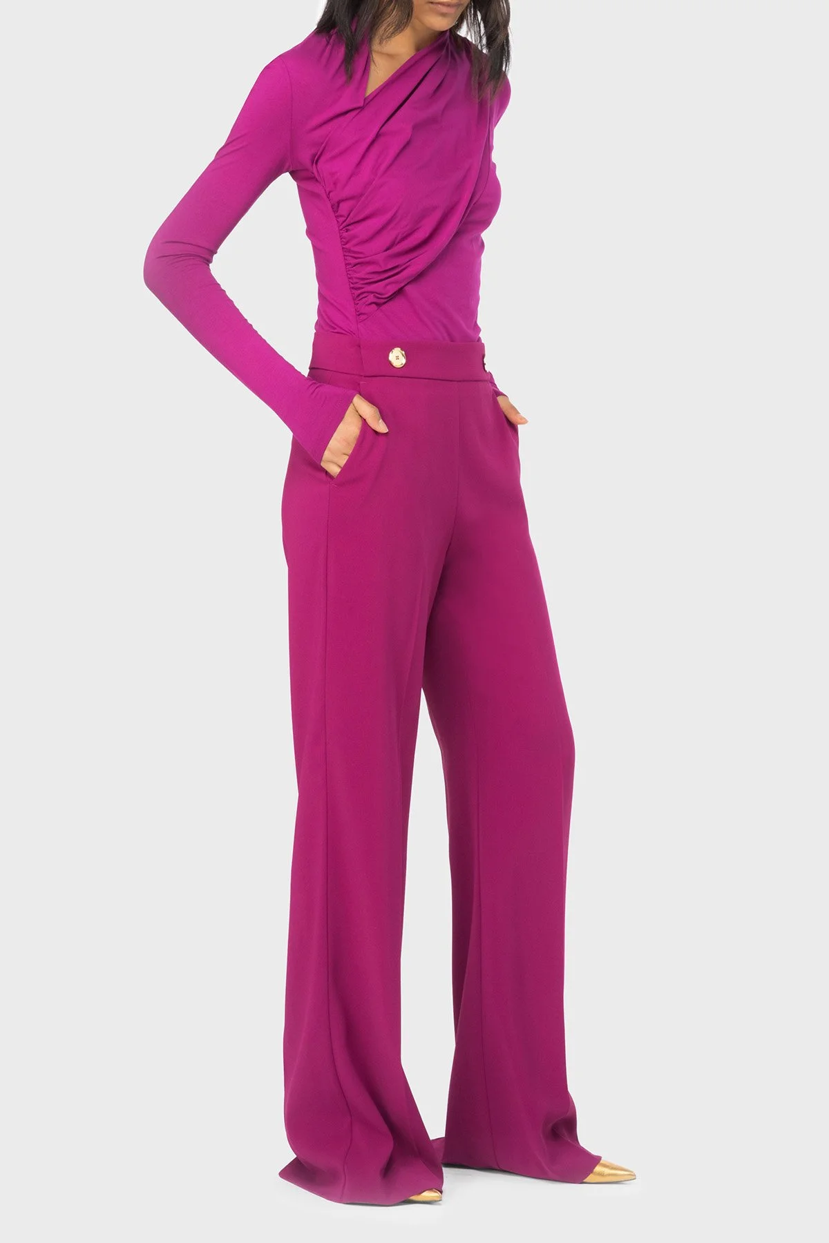 Pinko Slim Fit Fermuar ve Düğme Detaylı Yüksek Bel Bol Paça Kadın Pantolon 100055 A14I VIB Fuşya - 2
