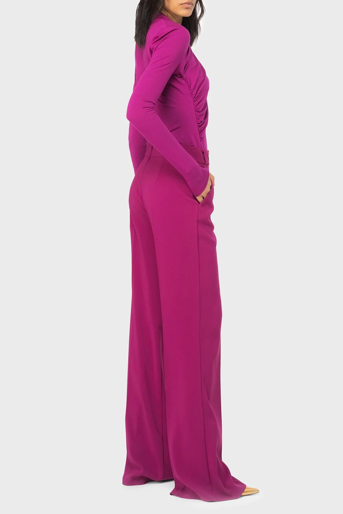 Pinko Slim Fit Fermuar ve Düğme Detaylı Yüksek Bel Bol Paça Kadın Pantolon 100055 A14I VIB Fuşya - 3