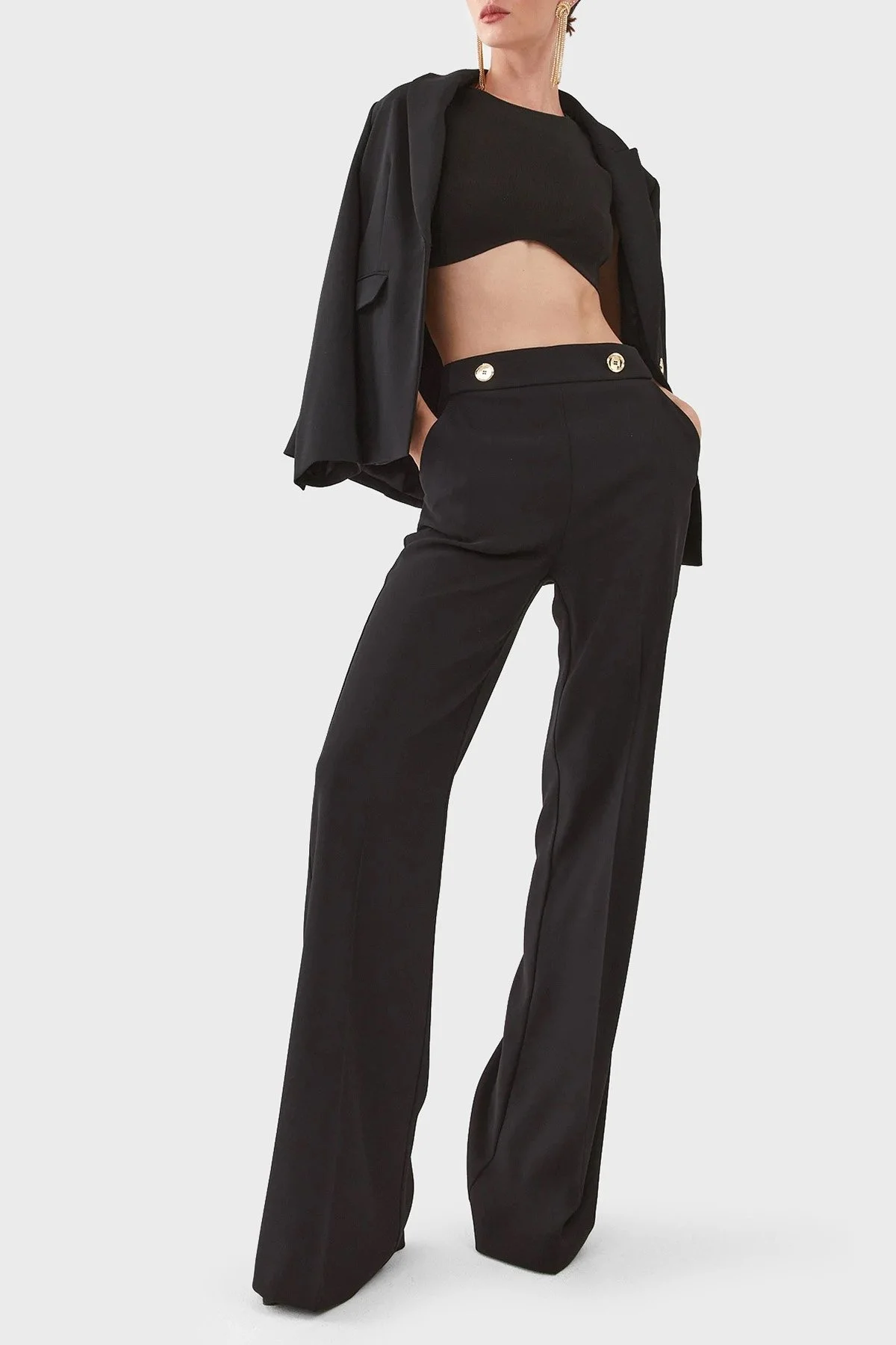 Pinko Slim Fit Fermuar ve Düğme Detaylı Yüksek Bel Bol Paça Bayan Pantolon 100055 A14I Z99 SİYAH - 2