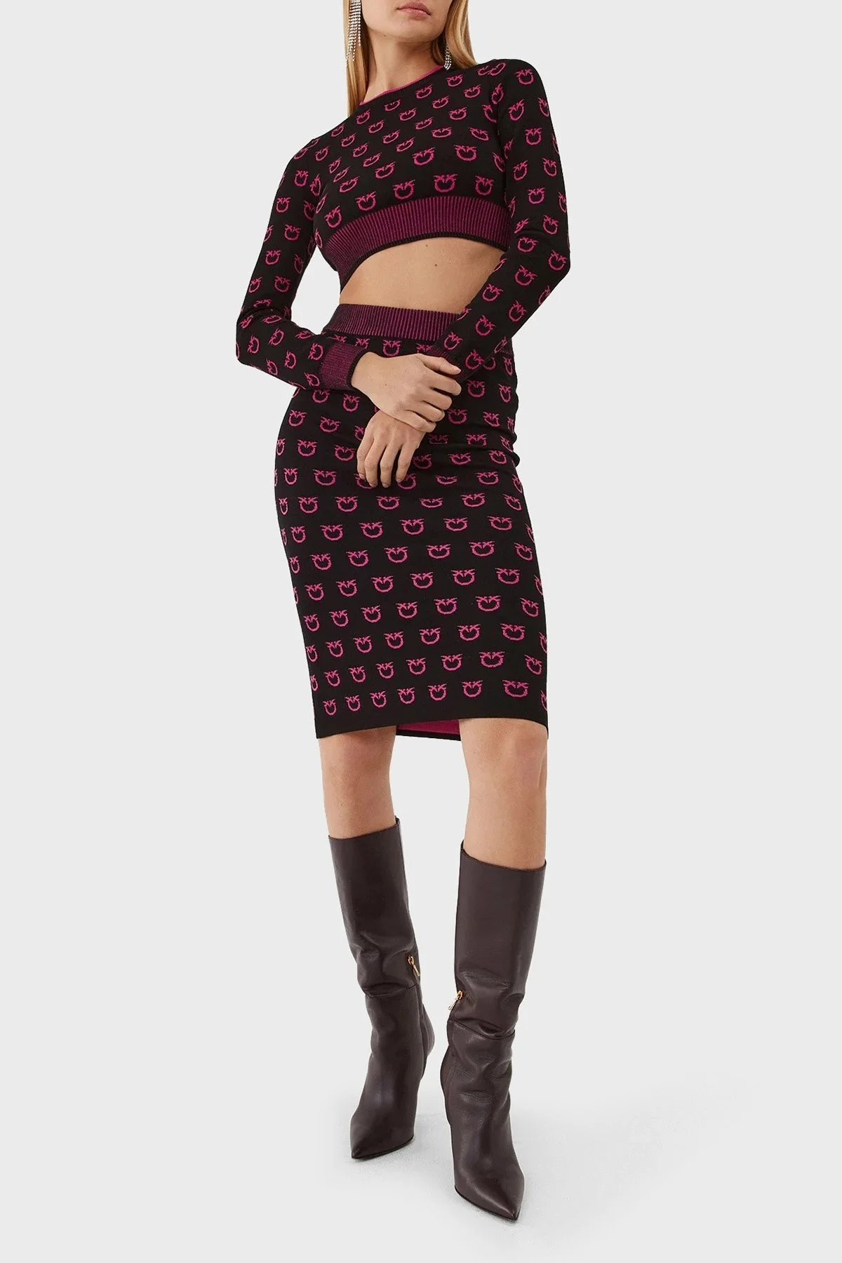 Pinko Slim Fit Logo Desenli Kalem Bayan Etek 101565 A112 ZW1 SİYAH-PEMBE - 6