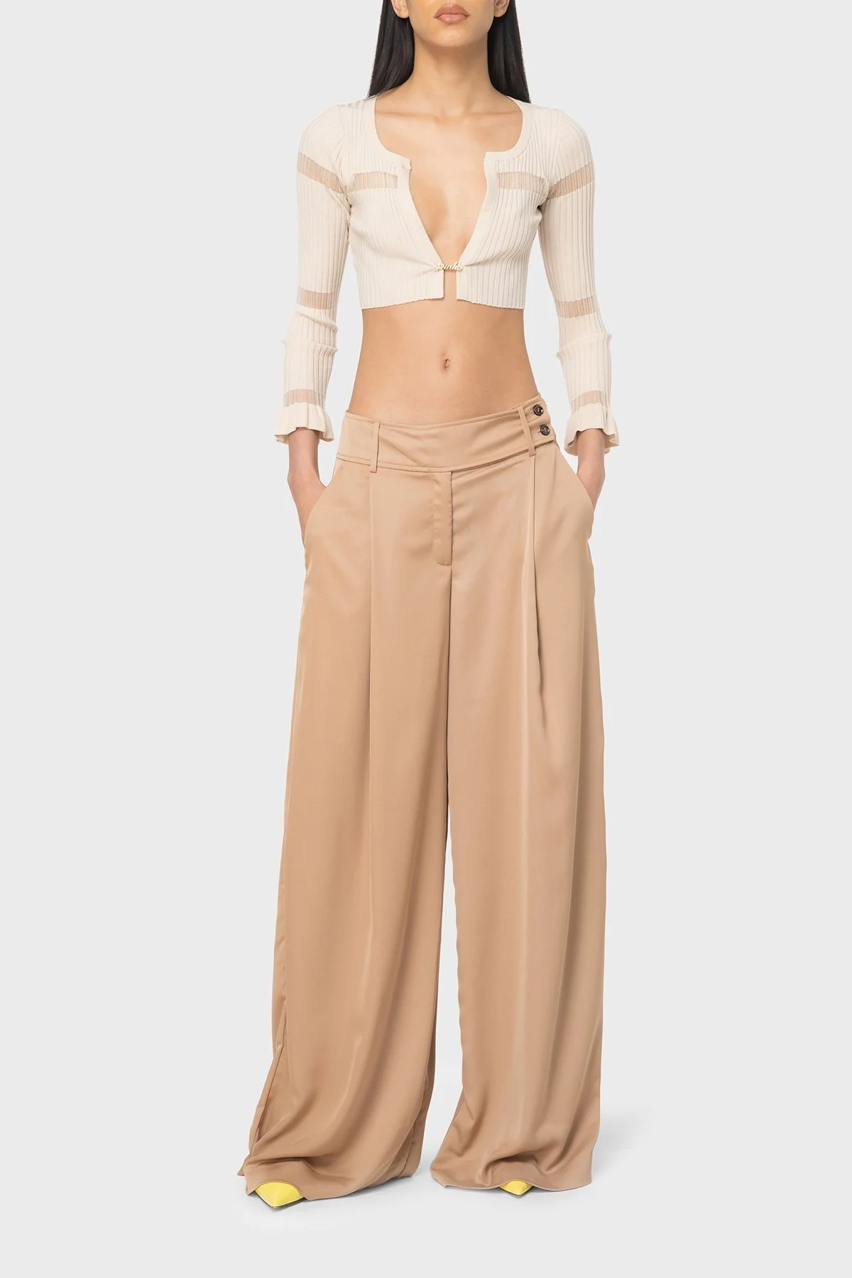 Pinko Slim Fit Transparan Şeritli Crop Bayan Hırka 102969A1NAD04 BEJ - 10