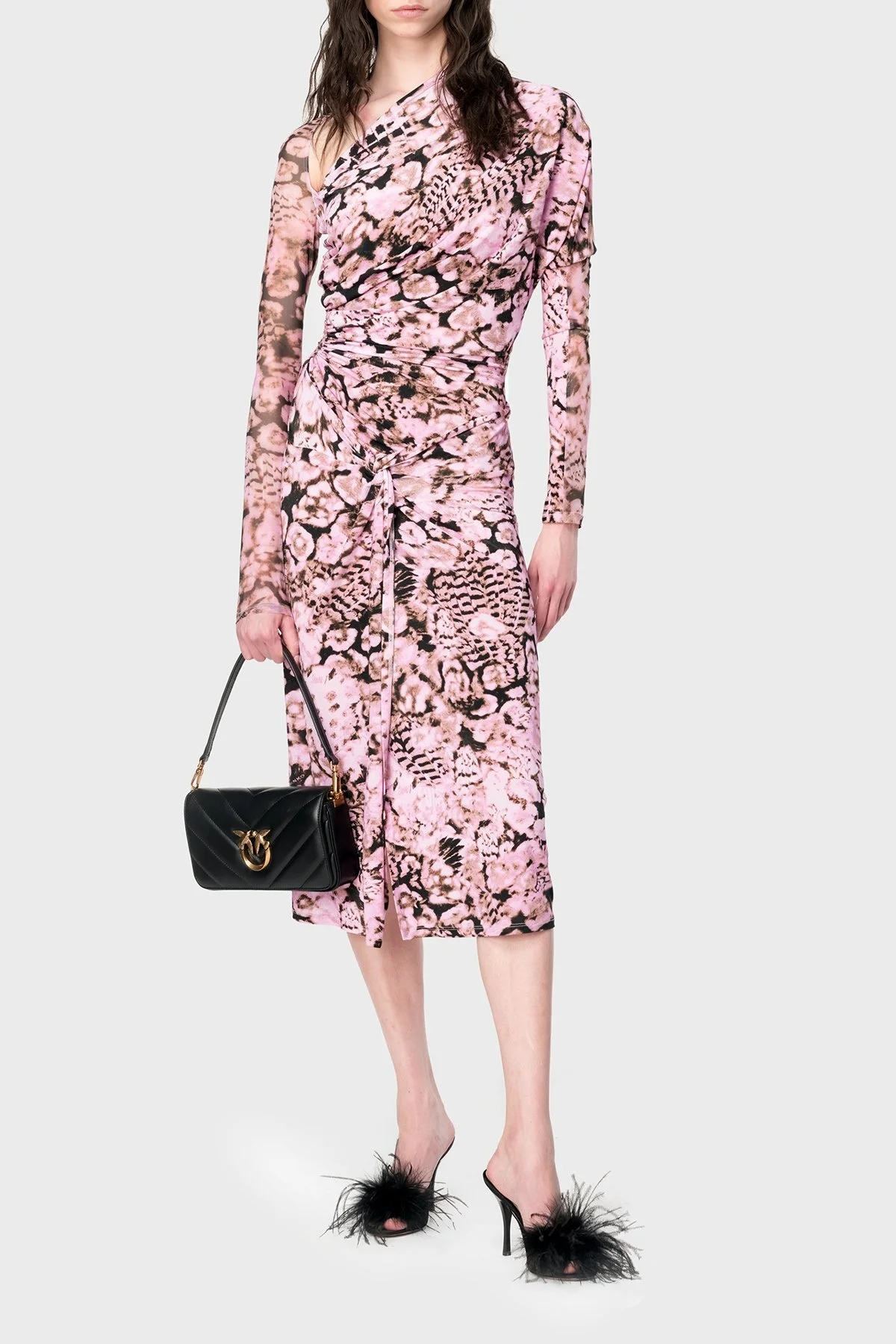 Pinko Streç Slim Fit Asimetrik Yaka Midi Bayan Elbise 103023A1O5UY6 PUDRA-SİYAH - 7