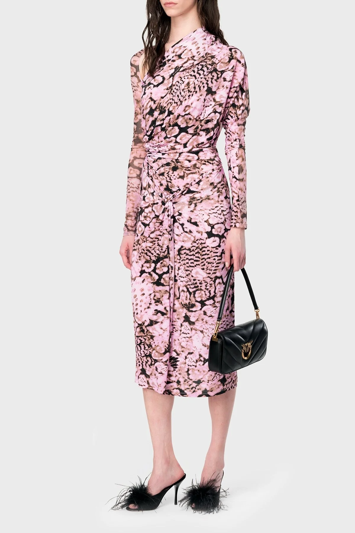 Pinko Streç Slim Fit Asimetrik Yaka Midi Bayan Elbise 103023A1O5UY6 PUDRA-SİYAH - 8