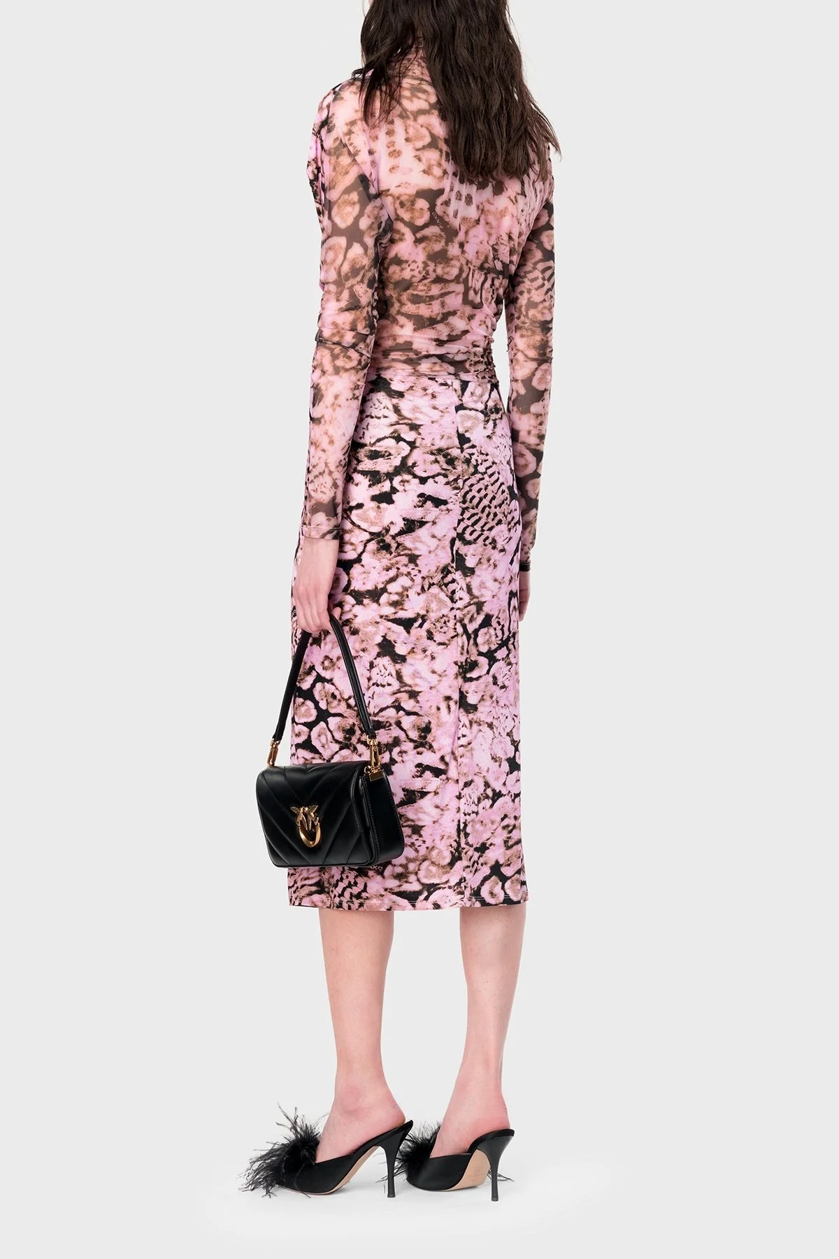 Pinko Streç Slim Fit Asimetrik Yaka Midi Bayan Elbise 103023A1O5UY6 PUDRA-SİYAH - 9