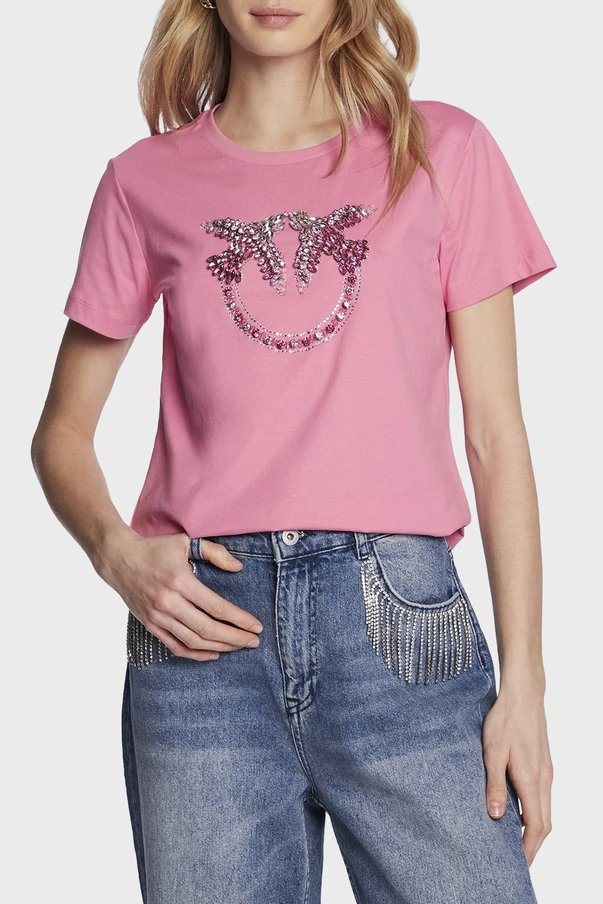 Pinko Taşlı Logo Bisiklet Yaka % 100 Pamuk Regular Fit Bayan T Shirt 100535 A0MA N50 PEMBE - 1