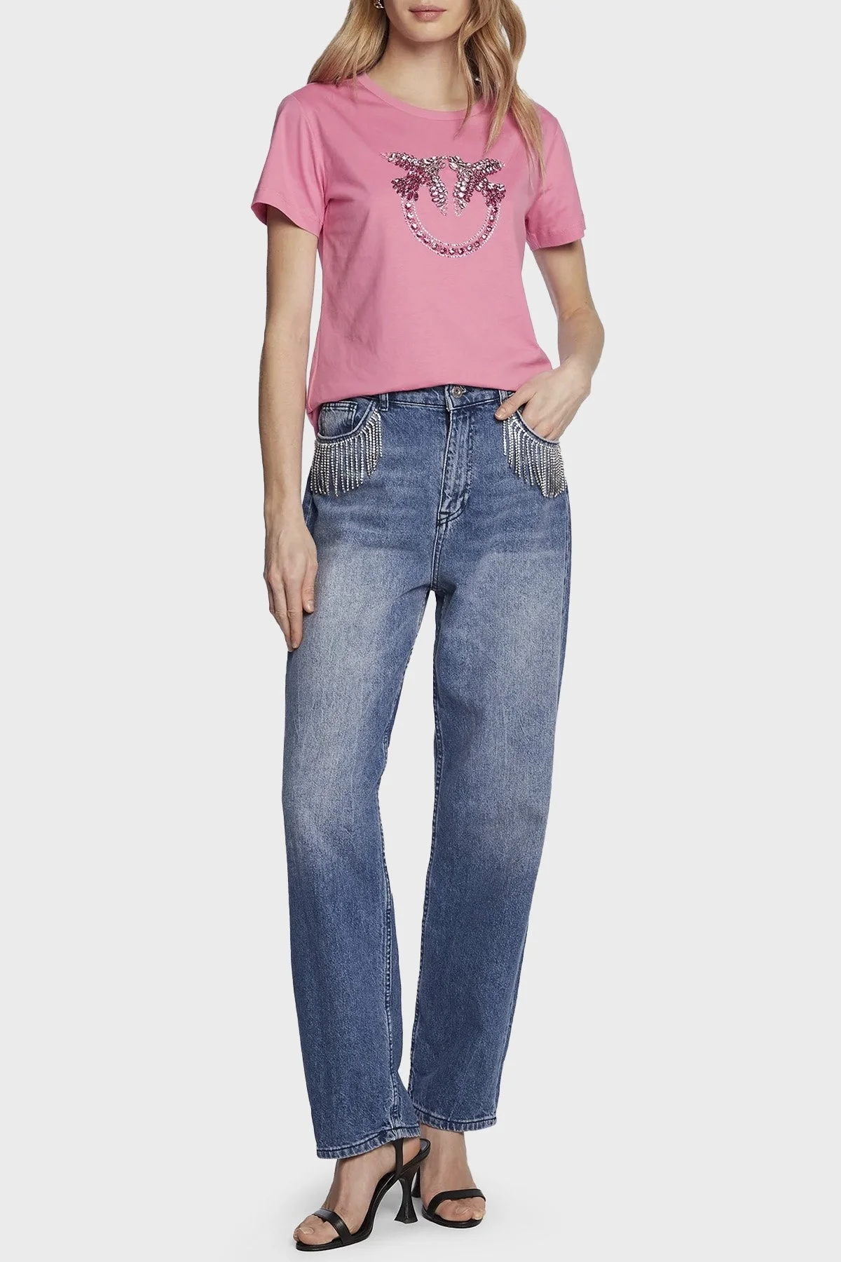 Pinko Taşlı Logo Bisiklet Yaka % 100 Pamuk Regular Fit Bayan T Shirt 100535 A0MA N50 PEMBE - 2