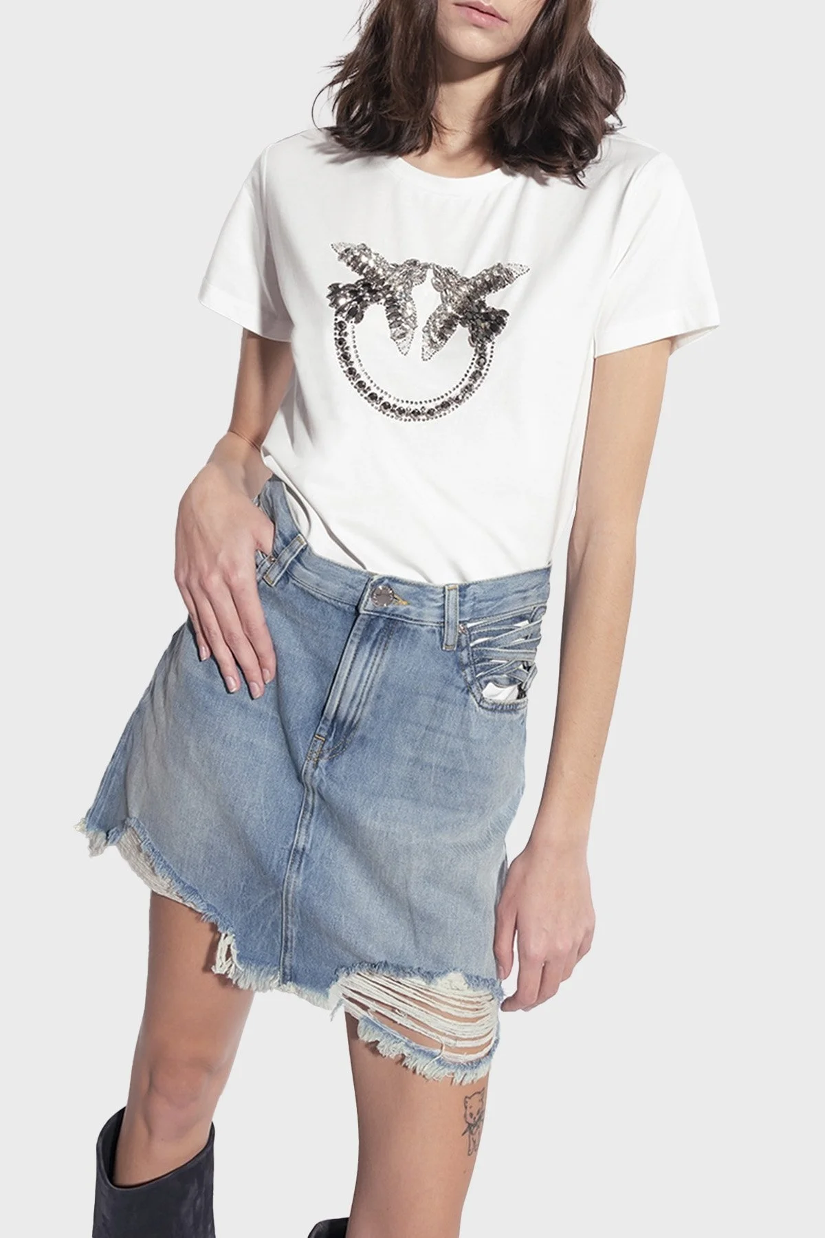 Pinko Taşlı Logo Bisiklet Yaka % 100 Pamuk Regular Fit Bayan T Shirt 100535 A0MA Z15 BEYAZ - 2