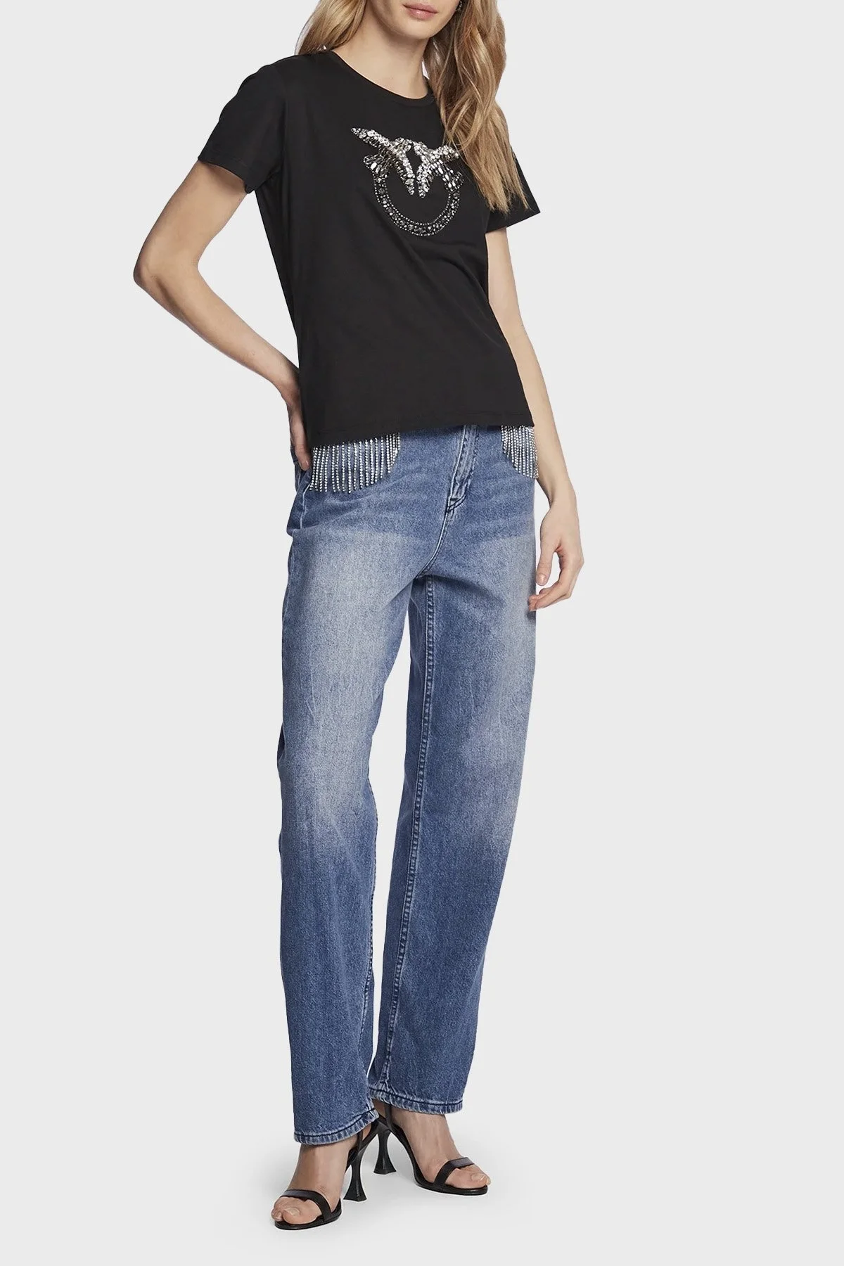 Pinko Taşlı Logo Bisiklet Yaka % 100 Pamuk Regular Fit Bayan T Shirt 100535 A0MA Z99 SİYAH - 2