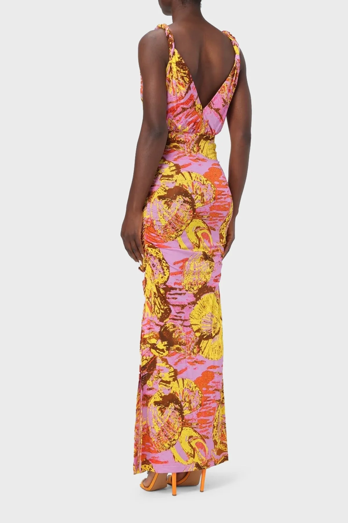 Pinko V Yaka Askılı Uzun Bayan Elbise 103286A1PCNH6 Pembe-Sarı - 3