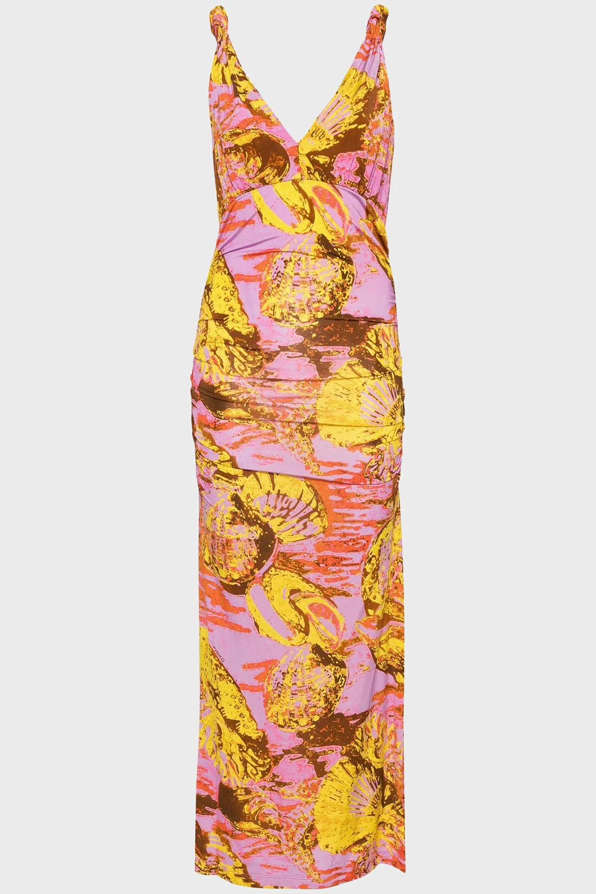 Pinko V Yaka Askılı Uzun Kadın Elbise 103286A1PCNH6 Pembe-Sarı - 4
