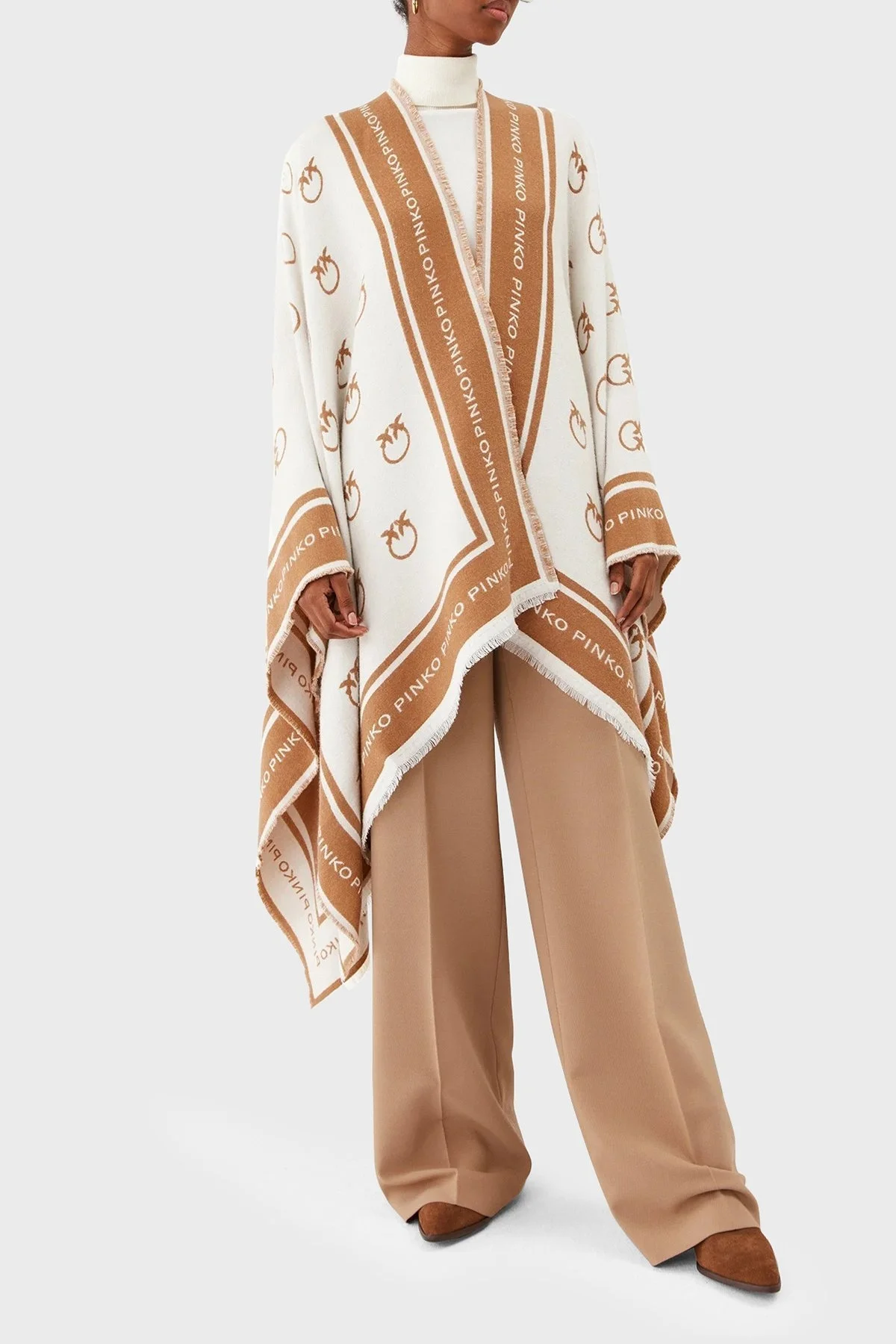 Pinko Yünlü Logo Desenli Standart Fit Bayan Panço 101557 A0CJ ZCA BEYAZ-CAMEL - 1